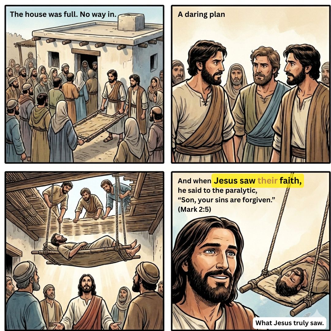 A four-panel comic strip illustrating the biblical story of the friends who lowered a paralytic man through a roof to reach Jesus. Panel 1: A massive crowd blocks the entrance of a house, leaving no space for three men holding an empty stretcher. Panel 2: The three determined friends huddle and look at each other, making a silent decision. Panel 3: An interior view looking up, showing the friends on the roof using ropes to lower their friend on the stretcher through a large opening, as Jesus and the crowd below look on. Panel 4: A focused close-up on Jesus's compassionate and gentle face as He looks up at the friends and the descending stretcher.