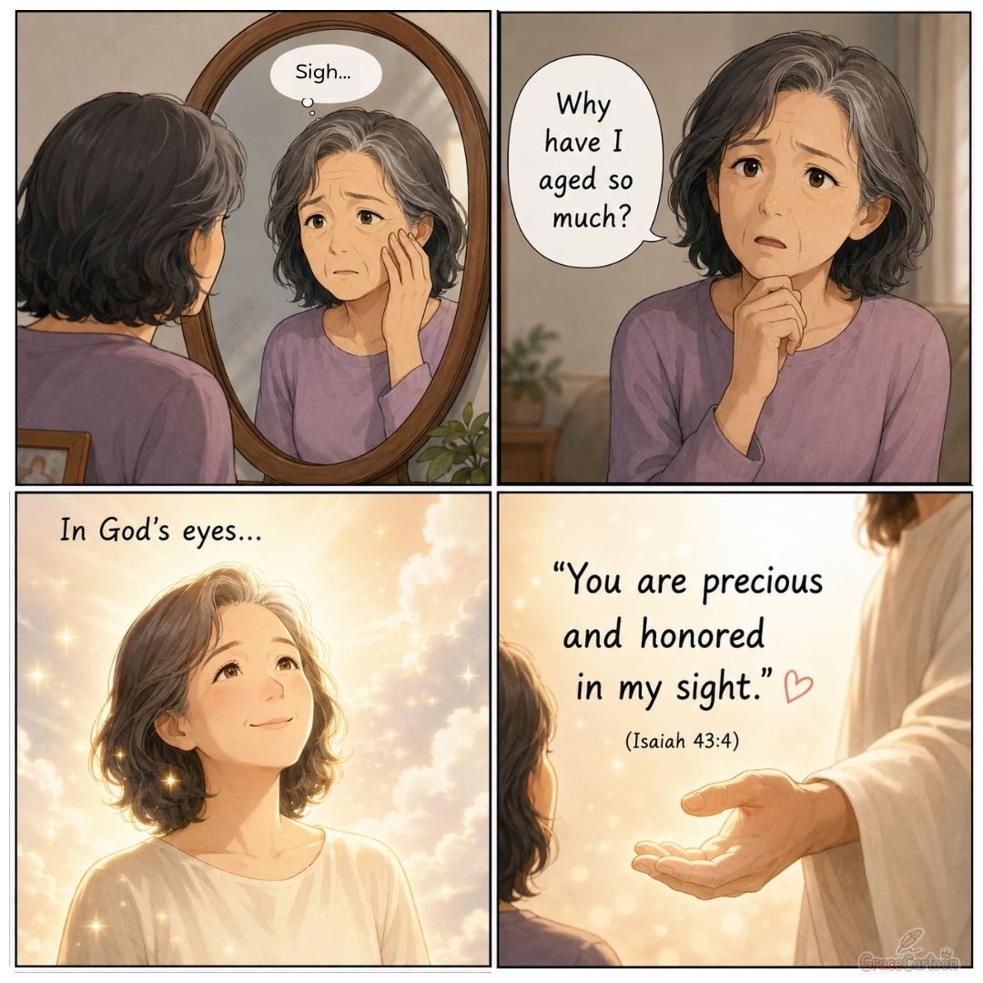 Four-panel Christian comic showing a woman looking at her aging reflection in a mirror while God sees her shining and precious, inspired by Isaiah 43:4 about identity and worth in God's eyes.