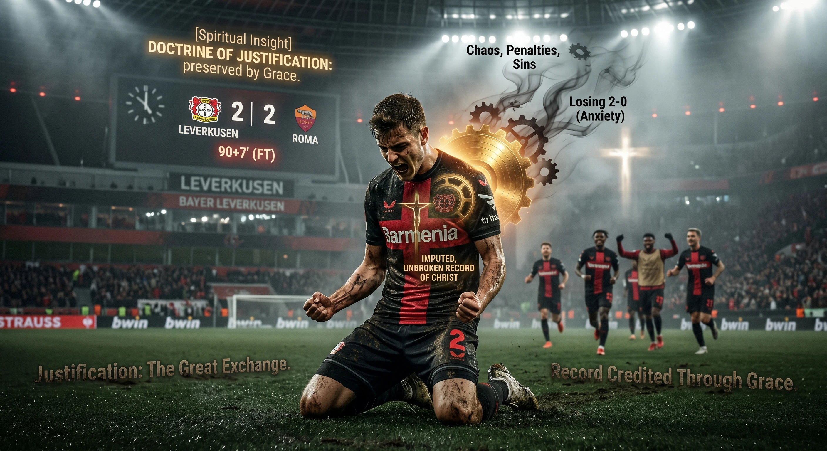 A mud-covered Bayer Leverkusen footballer, number 2, kneeling at the BayArena stadium in emotional celebration. The scoreboard shows a dramatic 2-2 full-time result against Roma, secured in the 97th minute (90+7'). Text overlays connect the sports miracle to spiritual truths: "Doctrine of Justification: preserved by Grace," "Great Exchange," and "Imputed Record of Christ." Cinematic, spiritual atmosphere in a football setting.