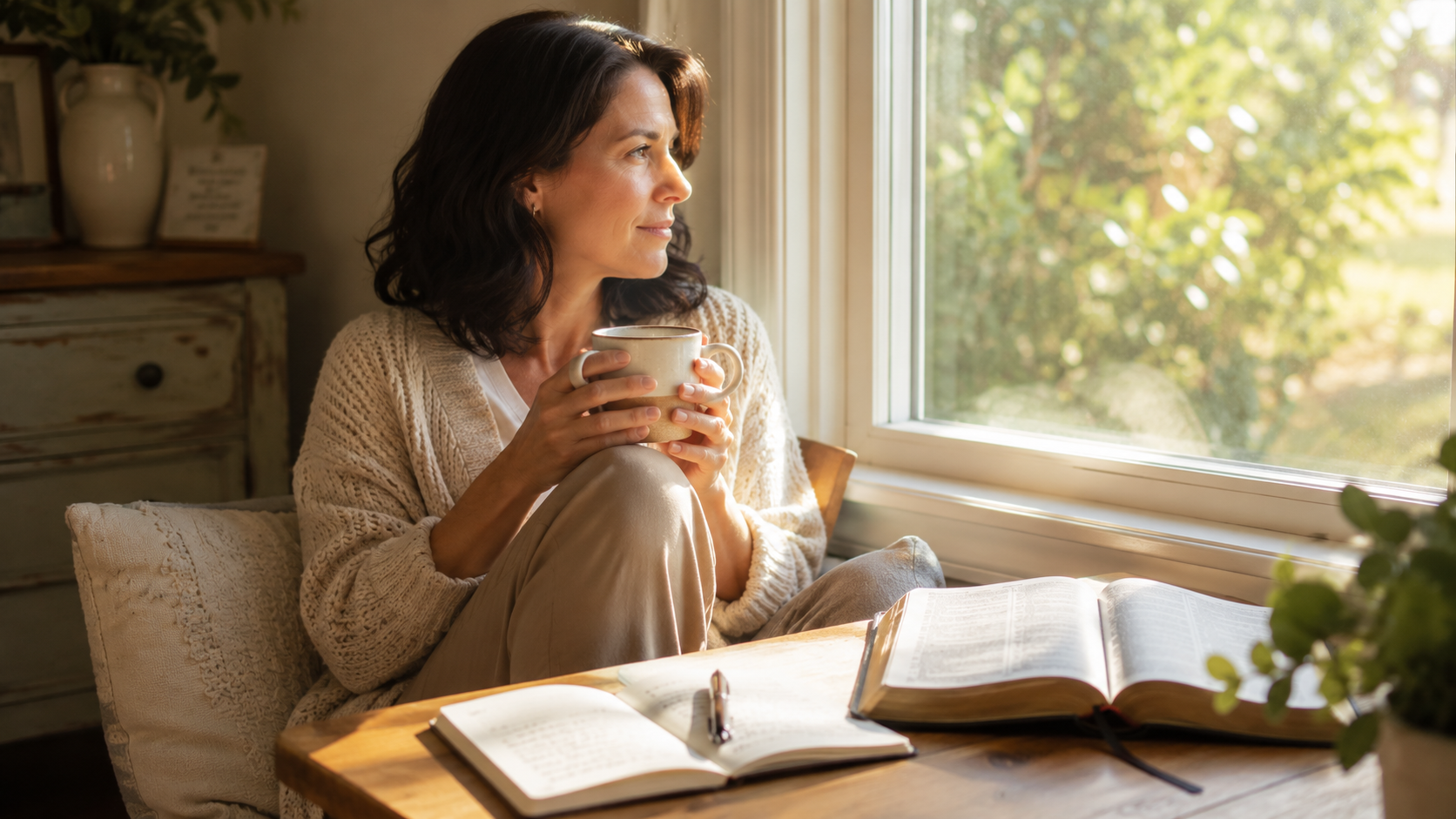 A woman in her late 30s sits peacefully by a sunlit window holding a warm mug of tea while gazing outside. Beside her, an open Bible and a journal with a pen rest on a wooden table, surrounded by soft natural light, warm neutral tones, and cozy textures that create a calm reflective atmosphere.