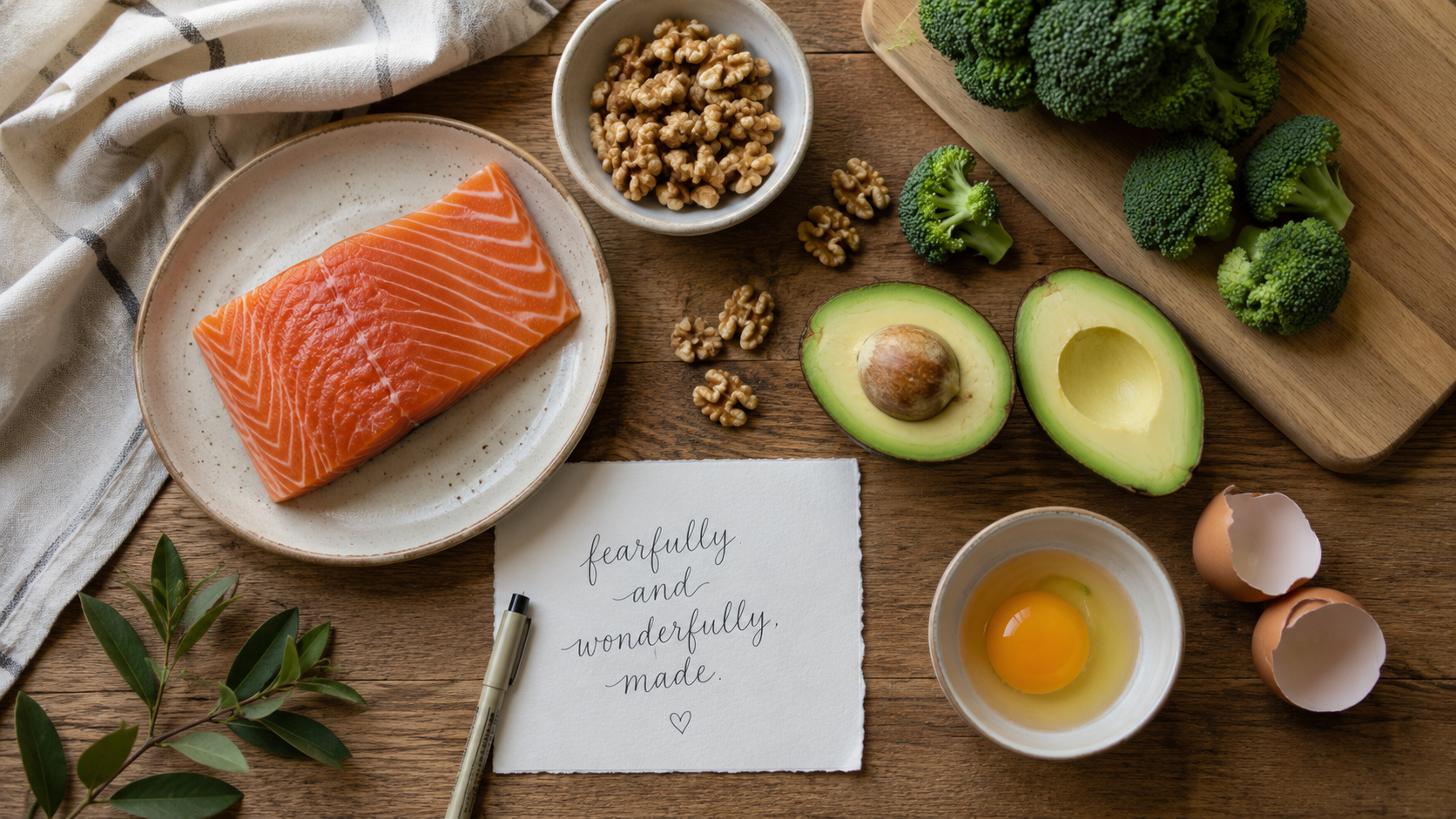 An overhead flat-lay photograph of fresh whole ingredients arranged on a rustic wooden kitchen counter, including raw salmon, avocado halves, walnuts, broccoli florets, and a cracked egg. A handwritten note reading “fearfully and wonderfully made” rests beside the ingredients under soft natural window light, creating a warm and wholesome atmosphere.