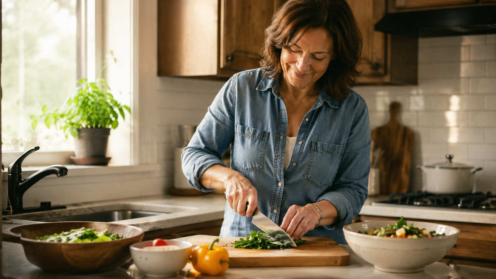 A simple moment of care captured in warm morning light. This candid kitchen scene reflects the beauty of real life, wholesome food, and the quiet joy found in preparing a nourishing meal at home.