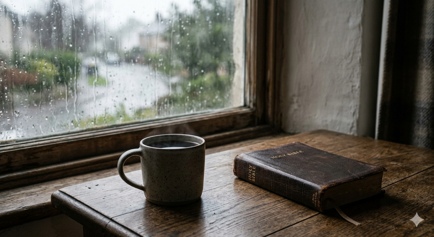 Coffee mug and closed Bible on wooden table by rainy window — reflecting spiritual dryness and emotional emptiness in Christian life