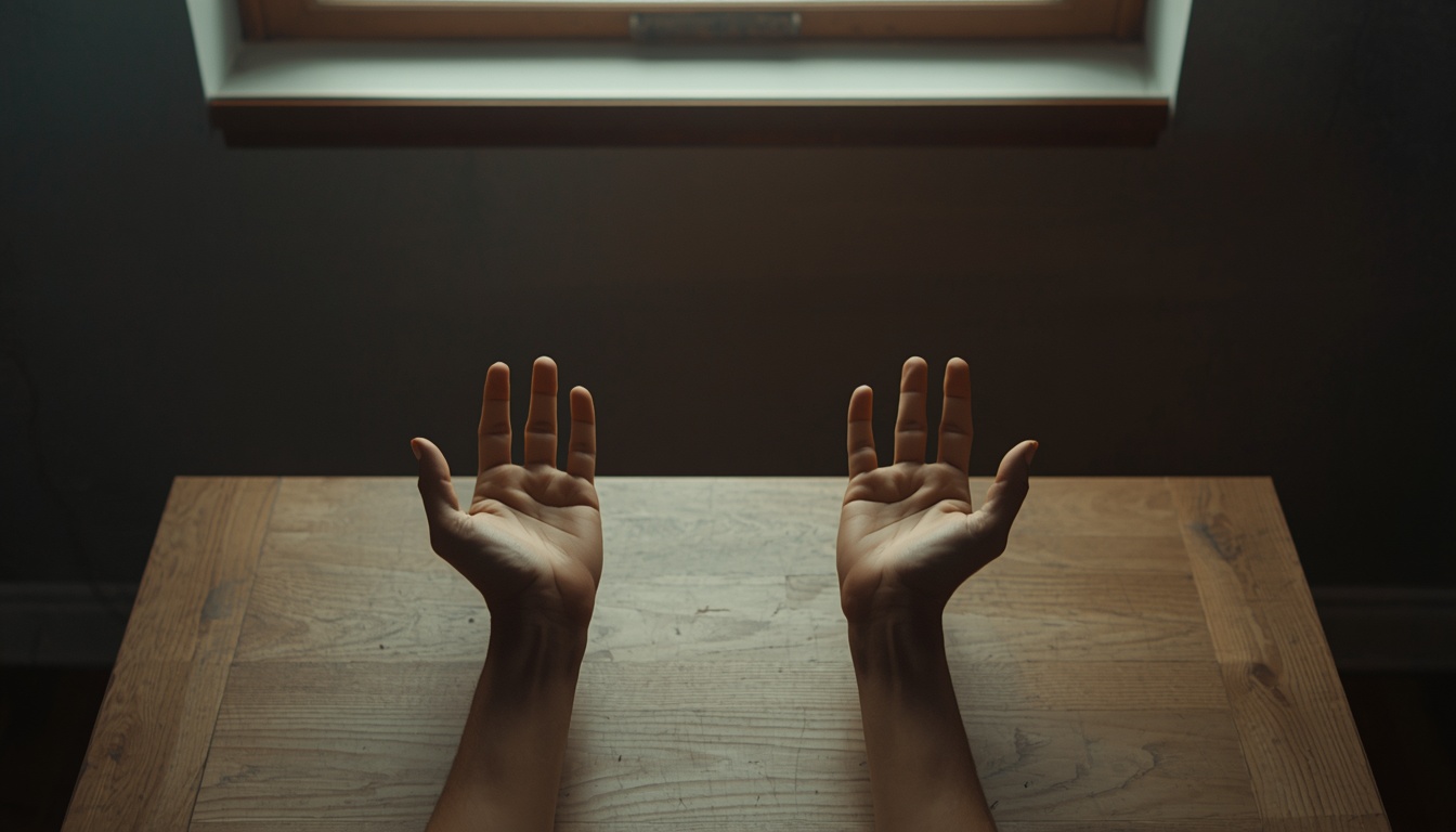 Open hands resting on table in soft light — symbolizing surrender and emotional healing in spiritual growth