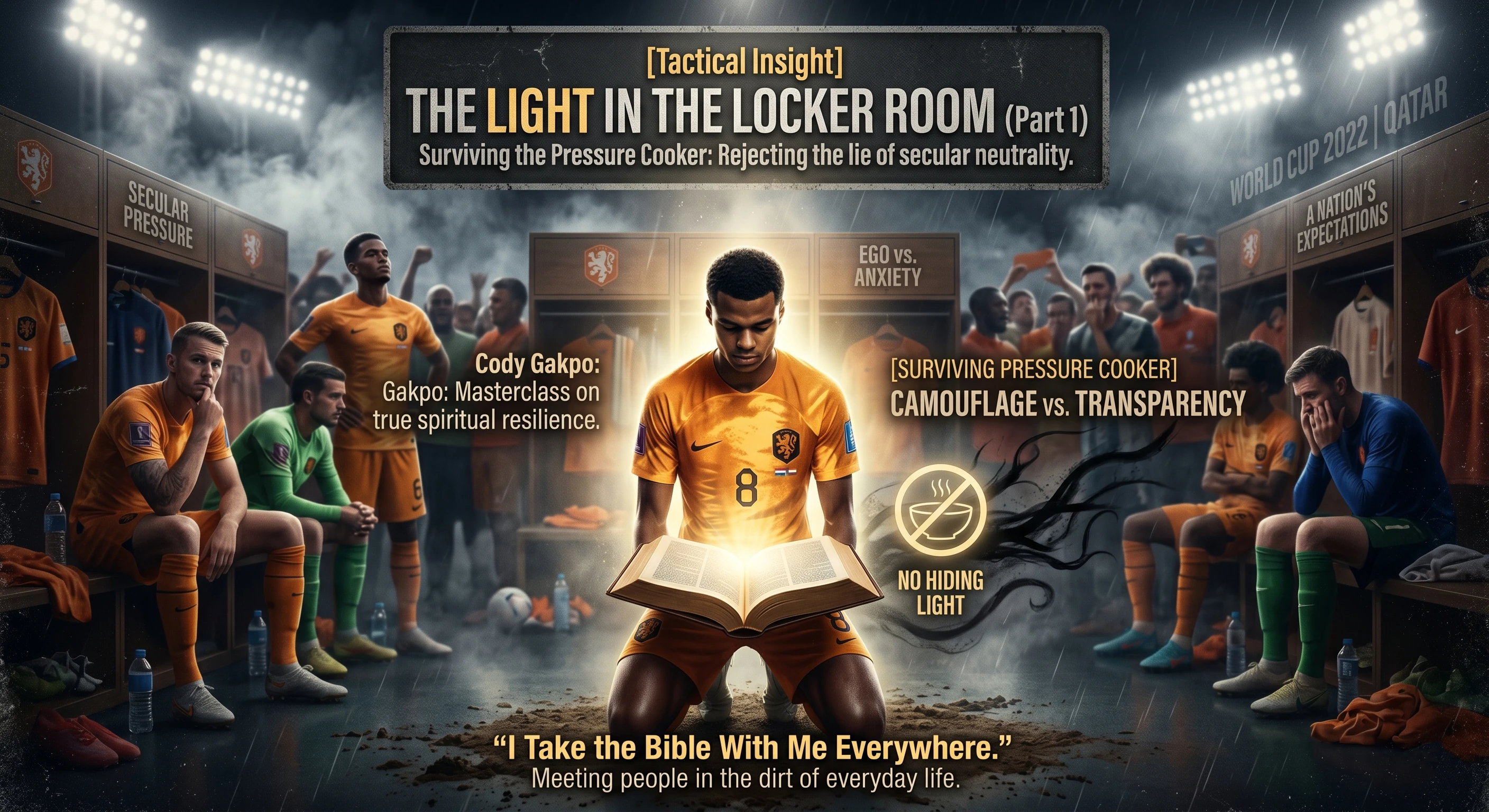 A Dutch footballer resembling Cody Gakpo kneels in a dimly lit, high-pressure World Cup locker room, reading a glowing Bible. His anxious teammates sit in the shadows. Text overlays read "The Light in the Locker Room," "Surviving the Pressure Cooker," and "I Take the Bible With Me Everywhere."