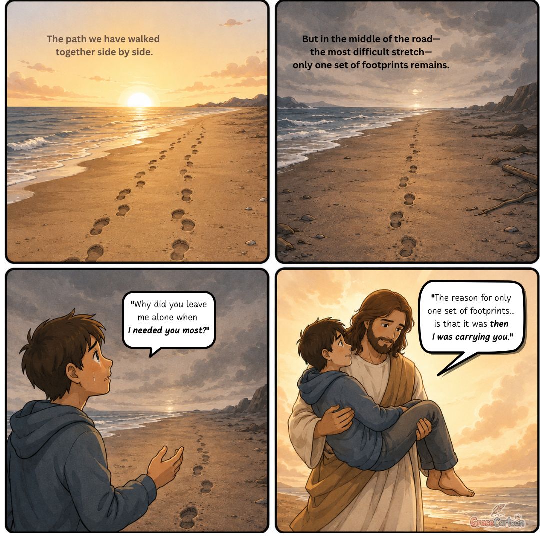 Four-panel comic illustrating the 'Footprints in the Sand' poem in a soft lofi watercolor style.