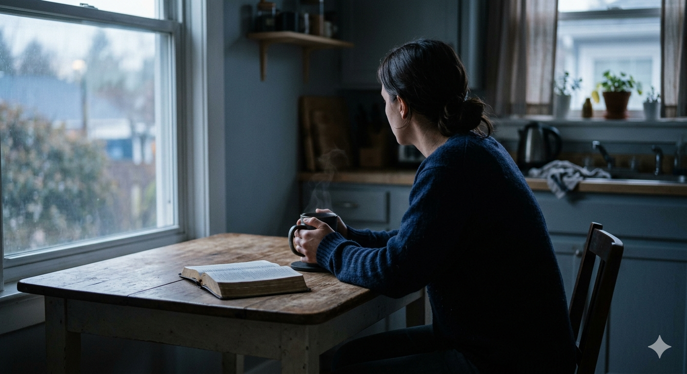 A person sitting alone at a kitchen table in early morning light, hands wrapped around a coffee mug, an open Bible nearby