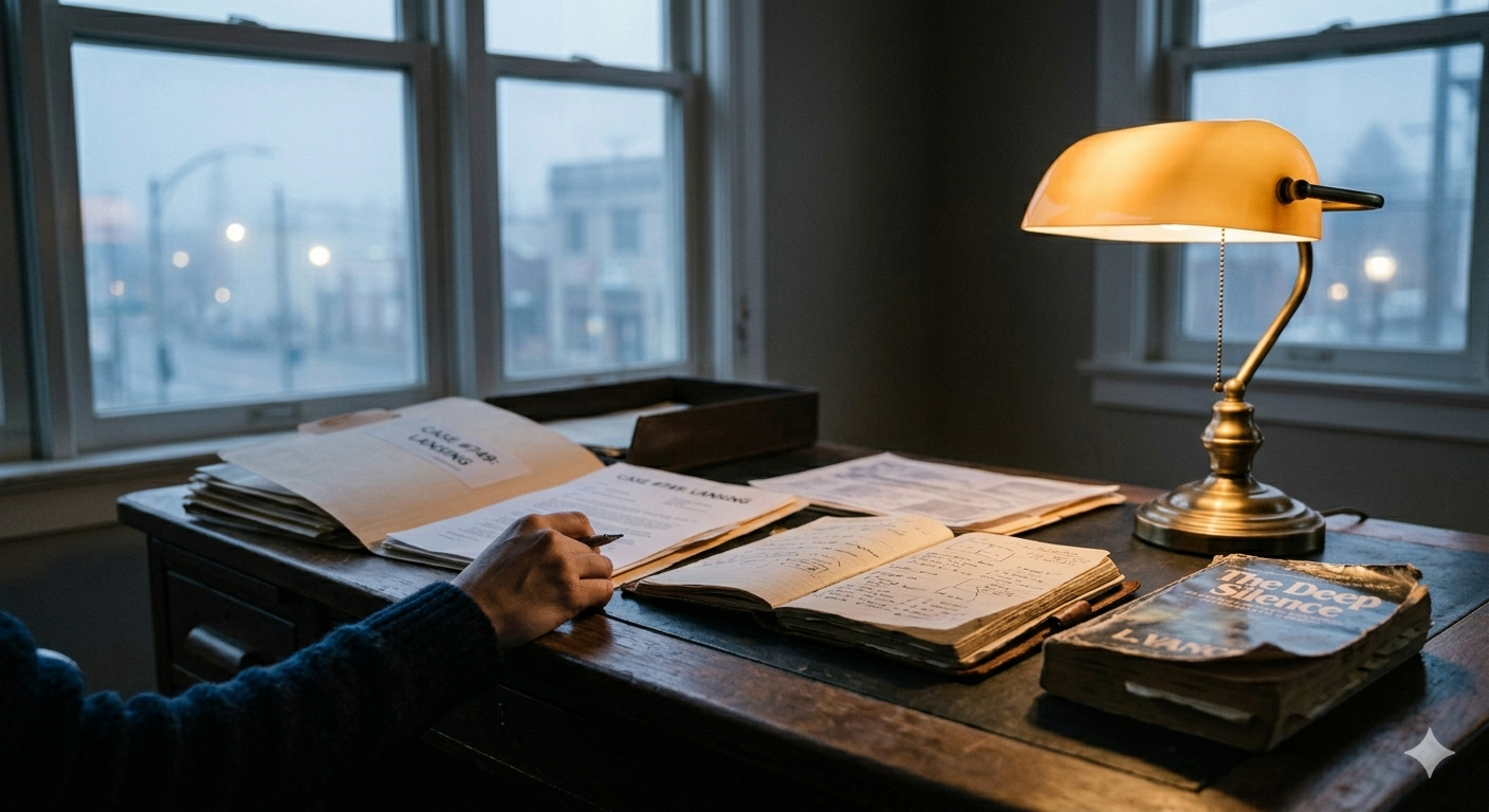 A detective's desk with open case files and a worn notebook in low lamplight, pale morning light coming through a window