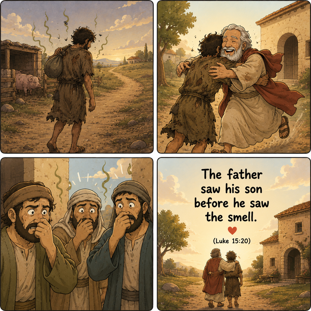 Four-panel Christian comic illustration of the Prodigal Son returning home dirty and exhausted after leaving the pigsty, being embraced by his joyful father while servants react to his smell, symbolizing God’s unconditional love and forgiveness from Luke 15:20