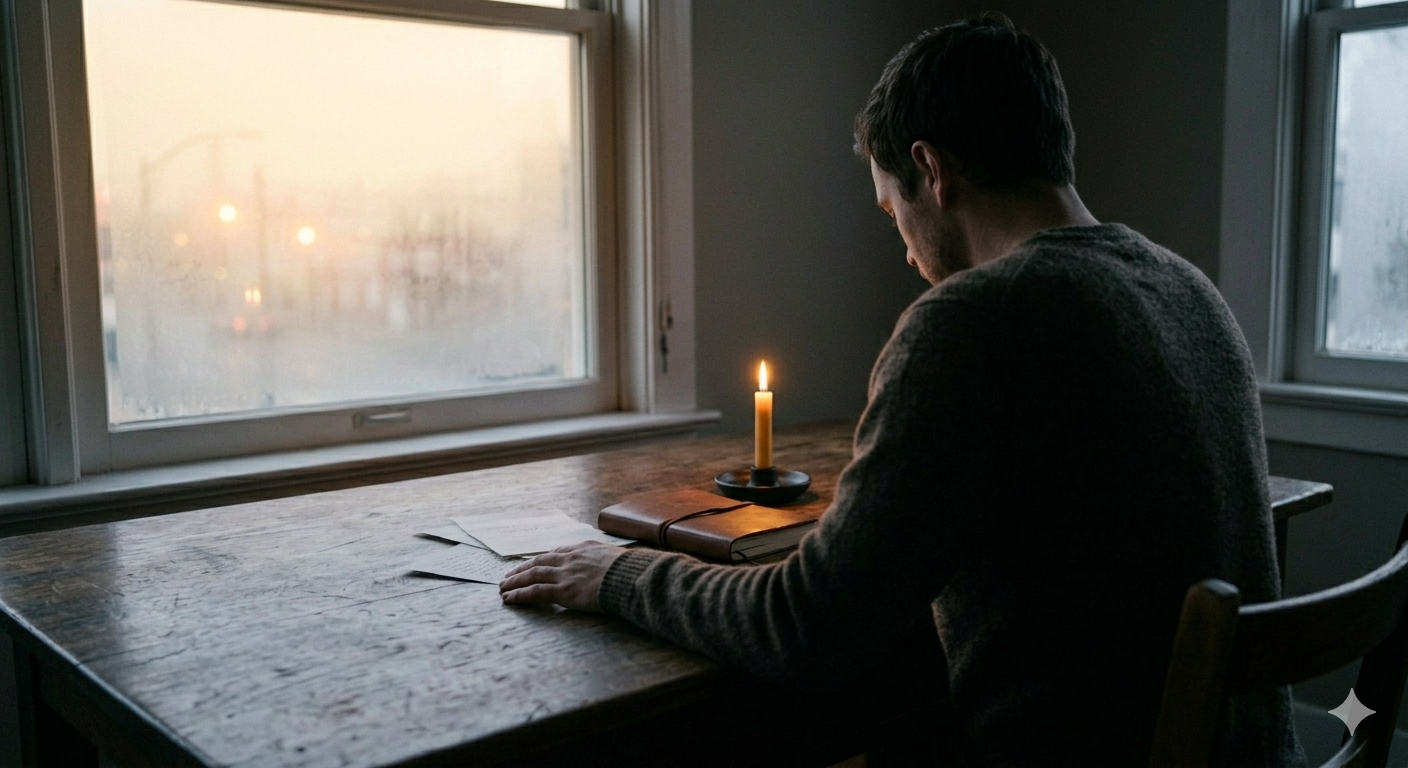 A figure seen from behind at a wooden desk, hand resting beside an open journal, pale morning light through a tall window