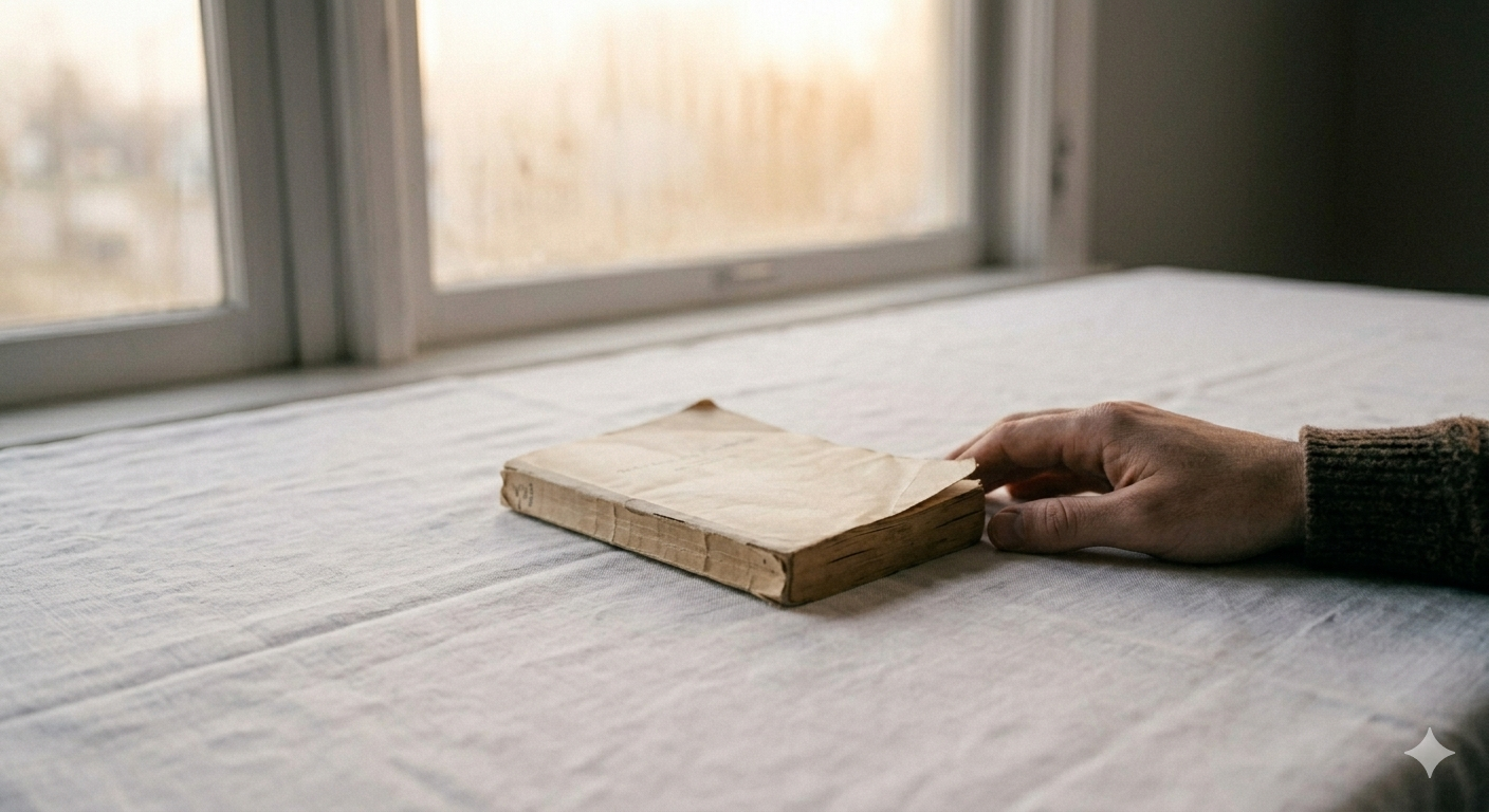A worn paperback book on a white linen surface near a window, one hand partially visible beside it in soft natural light