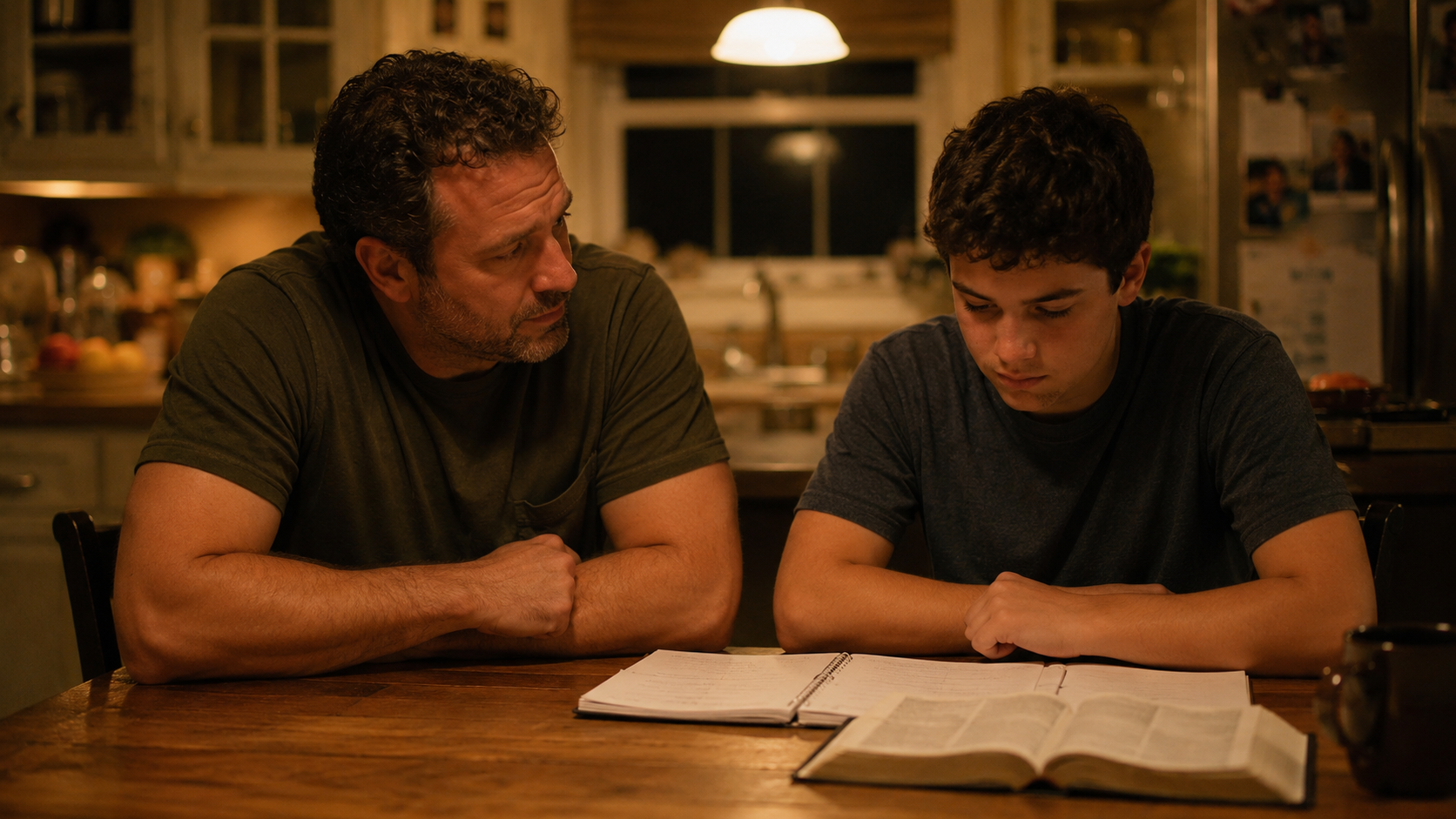A father and his teenage son sit together at a kitchen table late in the evening under warm overhead light. Two open notebooks and a Bible rest on the wooden table as the father leans slightly toward his son, listening quietly. The boy looks down in thought. The image has a candid documentary-style atmosphere with shallow depth of field, soft film grain, and muted warm tones of amber, cream, and dark wood.