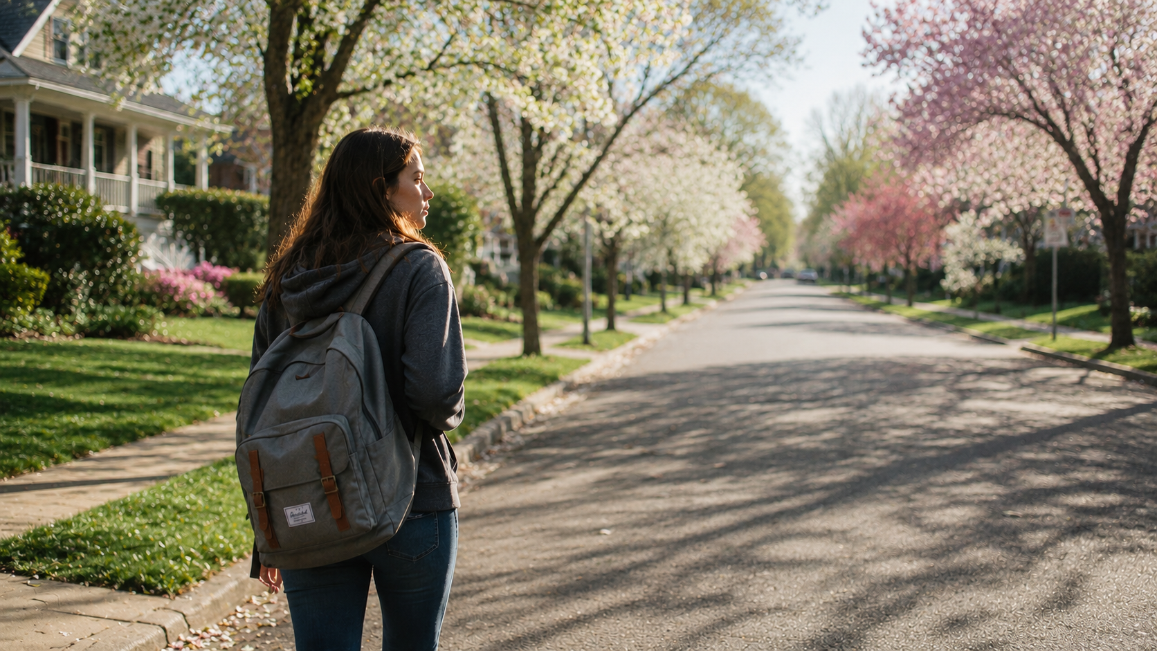A teenage girl walks alone down a quiet suburban road on a spring morning, carrying a backpack over one shoulder. Soft golden sunlight filters through blooming trees lining the street, while the girl looks ahead with a calm and determined expression. The image has a photojournalistic 35mm film aesthetic with natural light and slightly desaturated tones.