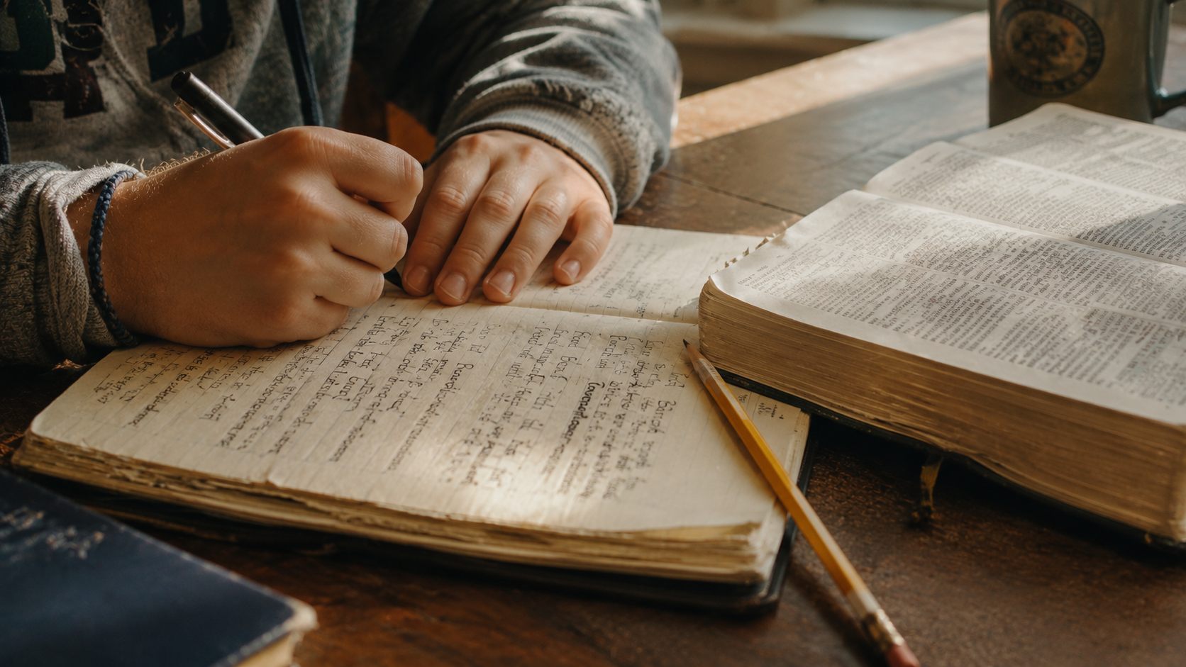 Close-up of a teenager’s hands writing in a worn journal beside an open Bible on a wooden table. Handwritten notes and underlined passages fill the journal pages, while a pencil rests nearby. Soft daylight from a nearby window falls across the scene, creating a warm and quiet atmosphere with a 35mm film-style aesthetic and visible film grain.