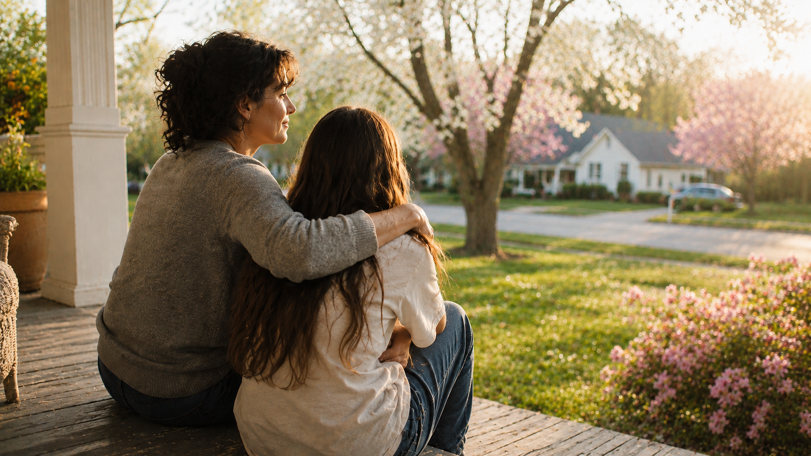 A mother and her teenage daughter sit side by side on porch steps during a spring afternoon. The mother gently wraps her arm around her daughter’s shoulder as they quietly look out toward a peaceful suburban street lined with blooming trees and soft greenery. Warm golden sunlight fills the scene, creating a candid, film-like atmosphere with muted spring tones.
