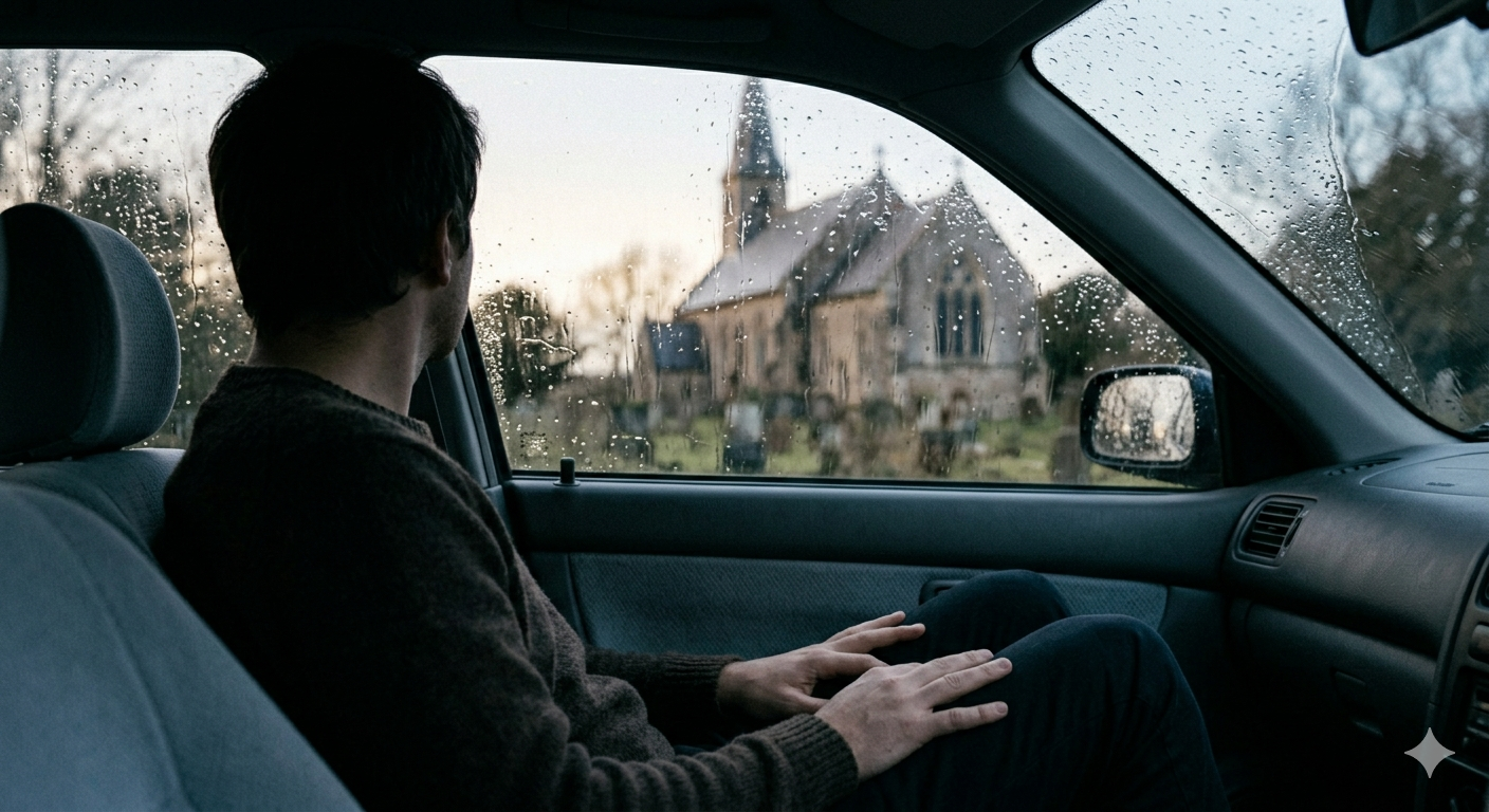 person sitting alone in a dimly lit car, hands resting in their lap, looking out a rain-streaked window at a blurred church building.
