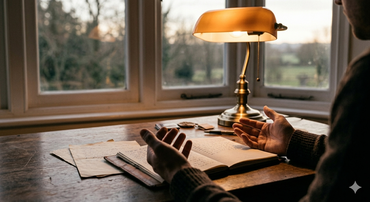 A man's hands resting open on a wooden desk, a single lamp casting warm light across scattered papers and an open journal.