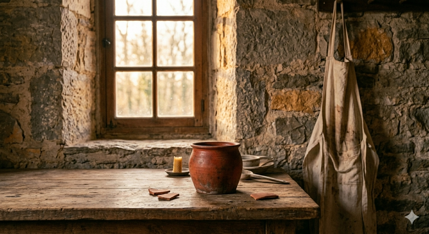 A simple monastic kitchen with warm light, evoking the sacred in the ordinary