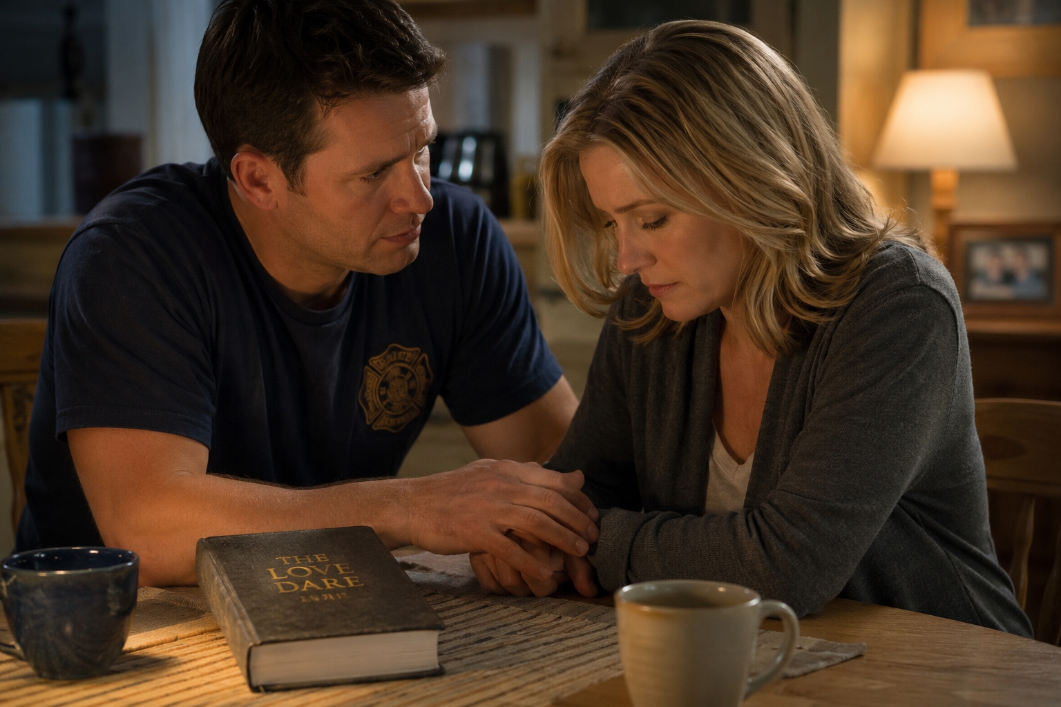 A cinematic image of a married couple sitting together at a kitchen table during an emotional conversation. The husband gently holds his wife’s hand while a book titled “The Love Dare” rests nearby, symbolizing reconciliation, faith, and healing in marriage.