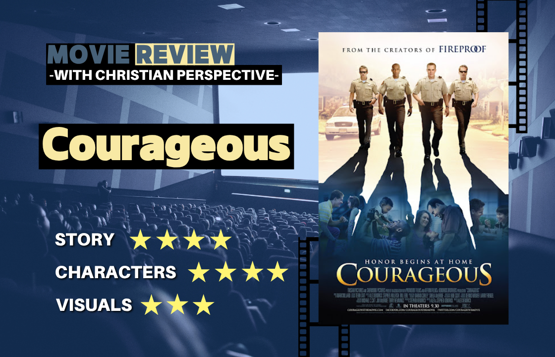 A bold cinematic thumbnail for a Christian movie review of Courageous, featuring four police officers walking forward confidently under warm sunlight. Large text highlights themes of fatherhood, courage, biblical truth, family leadership, responsibility, and faith in action.