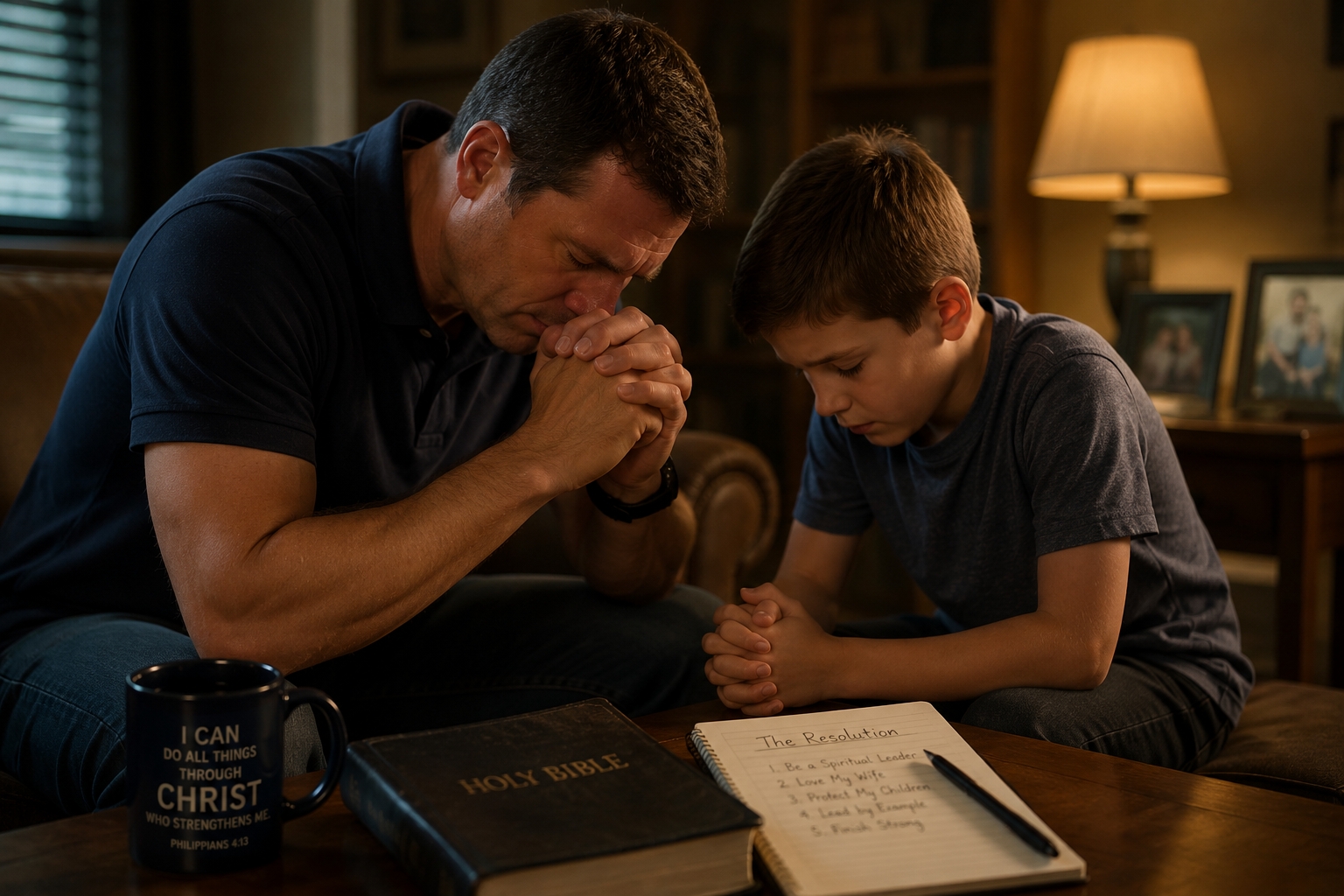 A cinematic image of a father and son praying together in a warmly lit living room. A Bible and handwritten family resolution notes rest on the table nearby, emphasizing faith, responsibility, and spiritual leadership within the home.