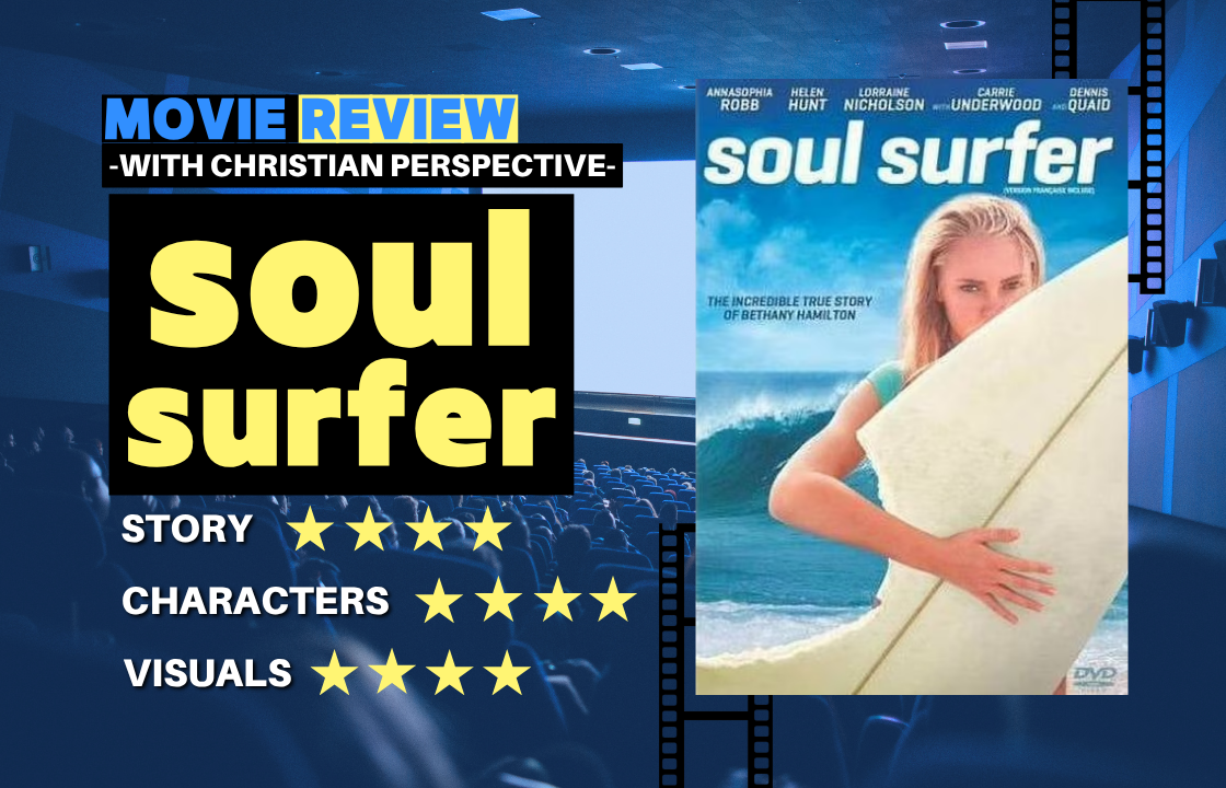 A cinematic Christian movie review thumbnail for Soul Surfer, featuring the movie poster on the right and bold review text on the left. The graphic includes star ratings for story, characters, and visuals against a dark movie theater background with blue tones and film strip elements.