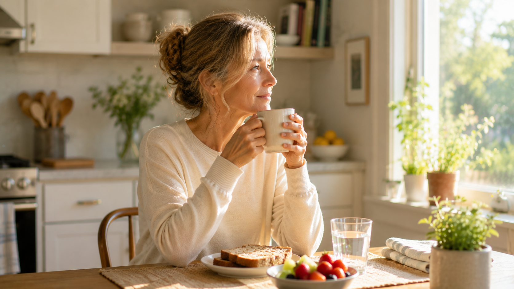 A middle-aged American woman sitting at a bright kitchen table in soft morning sunlight, holding a warm coffee mug with both hands while gazing out the window. The table includes simple breakfast items like bread, fruit, and a glass of water, captured in a warm 35mm film-style aesthetic with gentle natural tones.