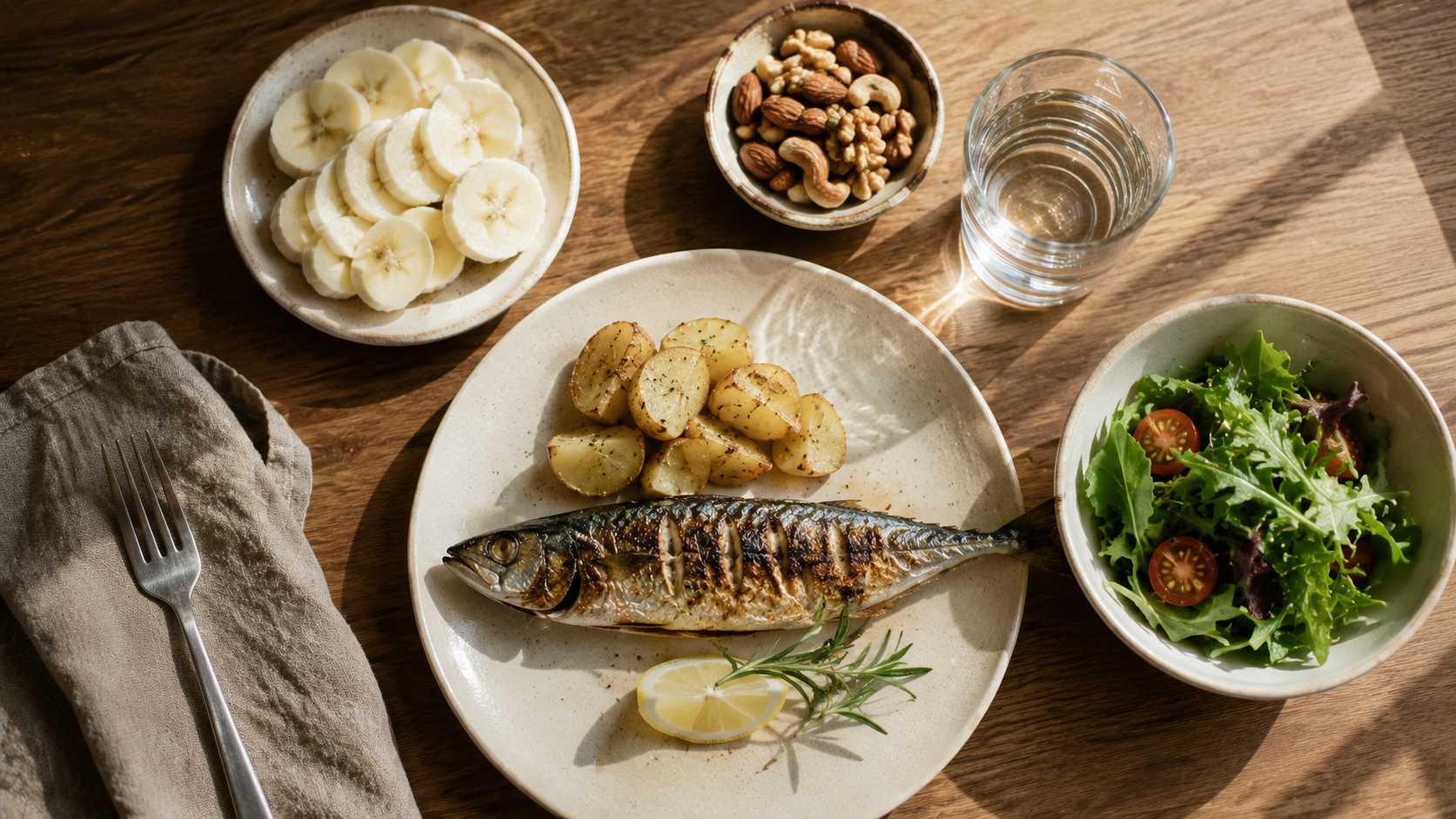 Overhead view of a wholesome meal on a wooden table featuring grilled fish, roasted potatoes, sliced bananas, mixed nuts, salad, and a glass of water. Soft natural daylight, warm muted tones, and subtle film grain create a clean minimalist food photography aesthetic.