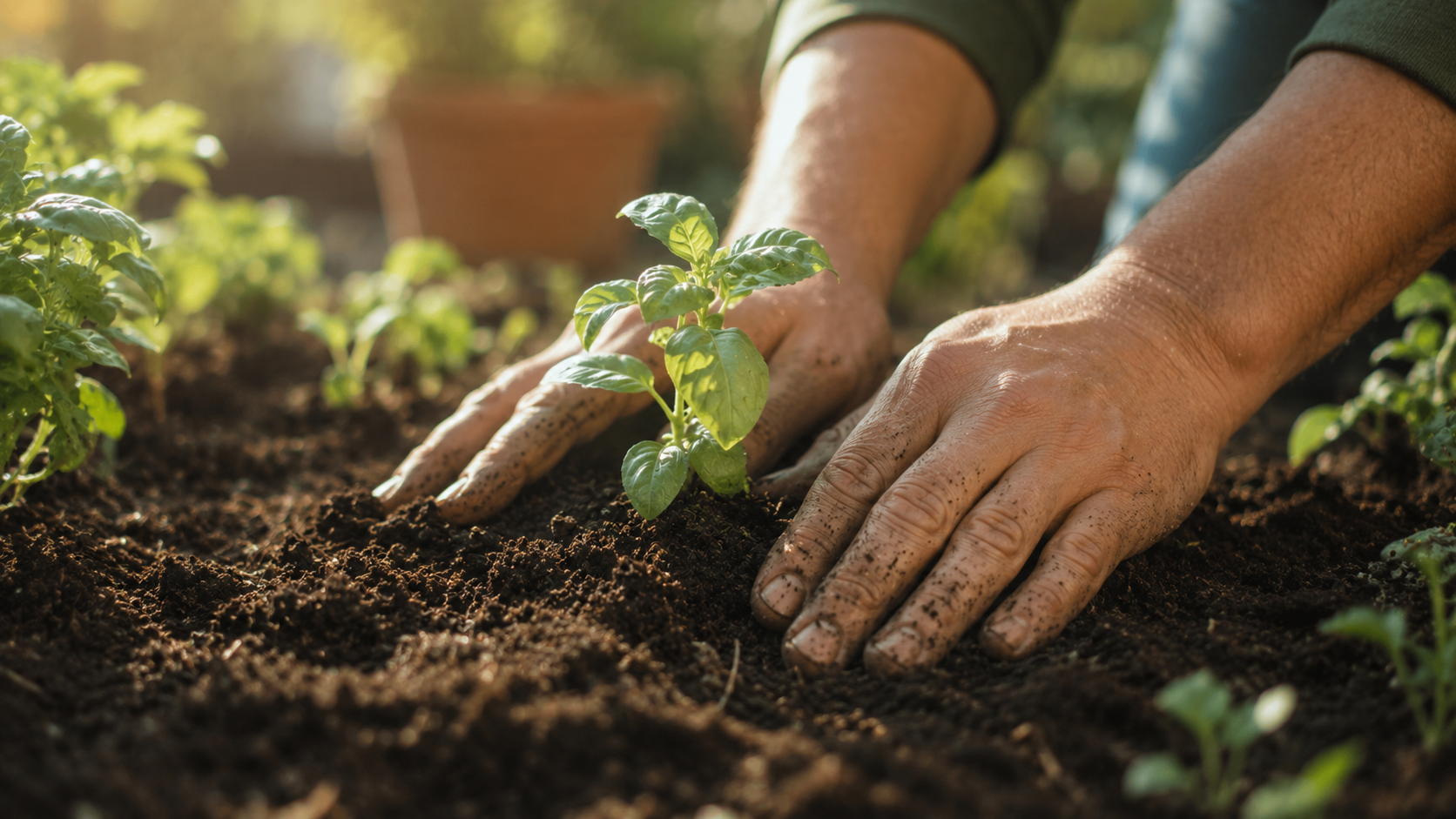 Close-up of a pair of hands pressing soil around a small green plant in a garden under warm afternoon sunlight. Dirt-covered fingers, earthy tones, shallow depth of field, and subtle film grain create a calm and attentive documentary-style atmosphere.