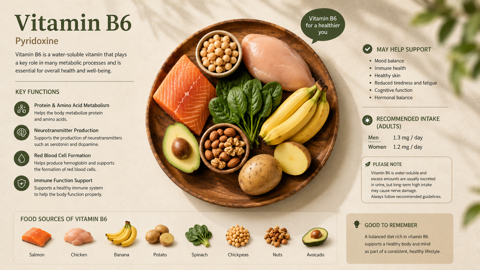 An English-language health infographic about Vitamin B6 featuring information on key functions, recommended intake, possible deficiency symptoms, and common food sources. The center shows a plate of salmon, chicken, bananas, spinach, potatoes, nuts, and avocado in a warm minimalist food photography style with soft natural lighting.