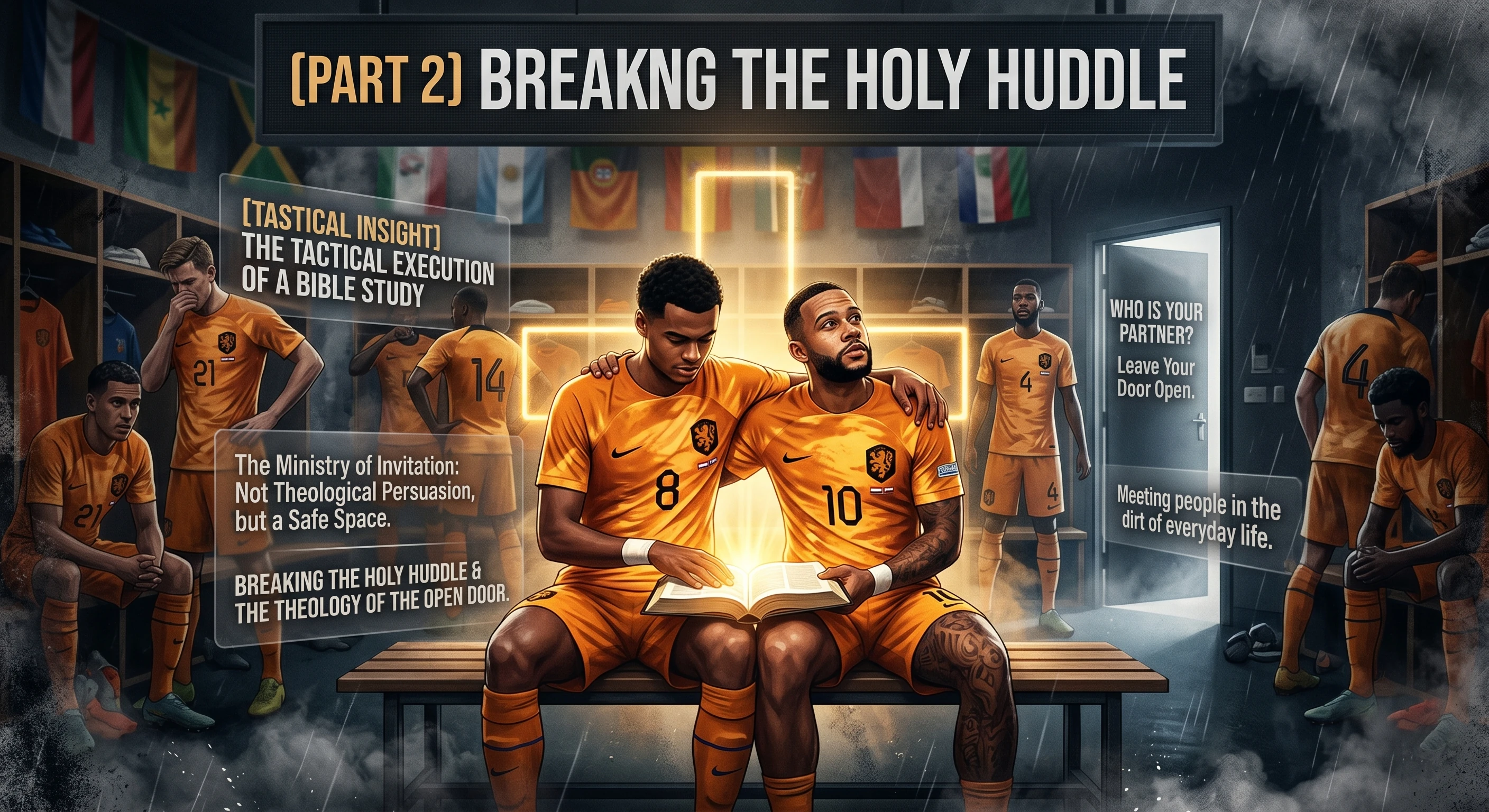 Two Dutch football players sitting on a bench in a dimly lit locker room, reading a glowing Bible together. Text overlays highlight "The Ministry of Invitation" and "Who is Your Partner?" In the background, teammates walk through an open, illuminated door, leaving behind lockers labeled with words like "Secular Pressure," "Ego," and "Anxiety."