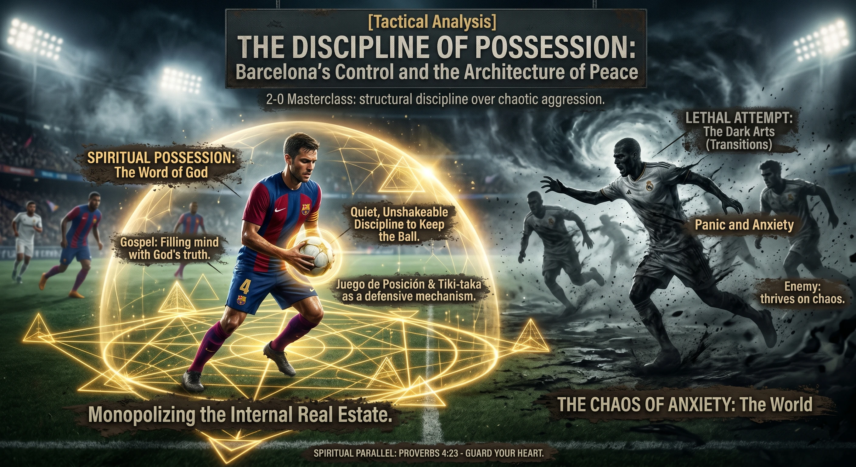 A digital illustration of a football player in a blue and red kit calmly holding a ball inside a glowing golden geometric dome. Outside the protective shield, shadowy, aggressive players in white charge through a dark, chaotic storm. Text overlays connect Barcelona's possession tactics to the spiritual discipline of guarding your heart against anxiety.