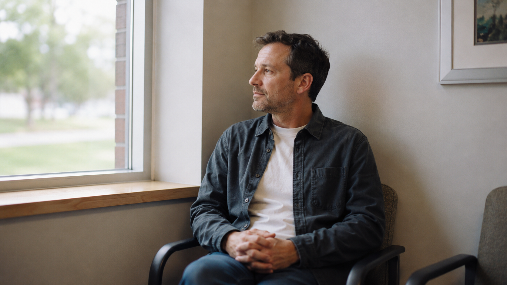 Middle-aged man sitting in a quiet doctor’s office with hands folded in his lap, looking toward a window with soft natural light. The room is minimal and clean, with muted warm tones and a contemplative mood.