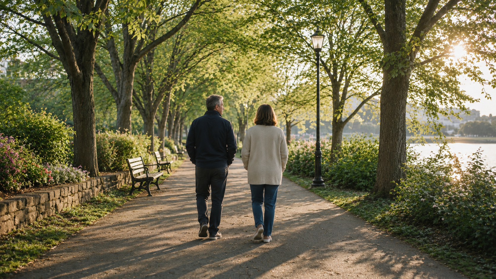 Middle-aged couple walking together on a tree-lined park path in early May, seen from behind in warm morning sunlight. Fresh green trees, soft shadows, and a peaceful lakeside setting create a calm and reflective mood.
