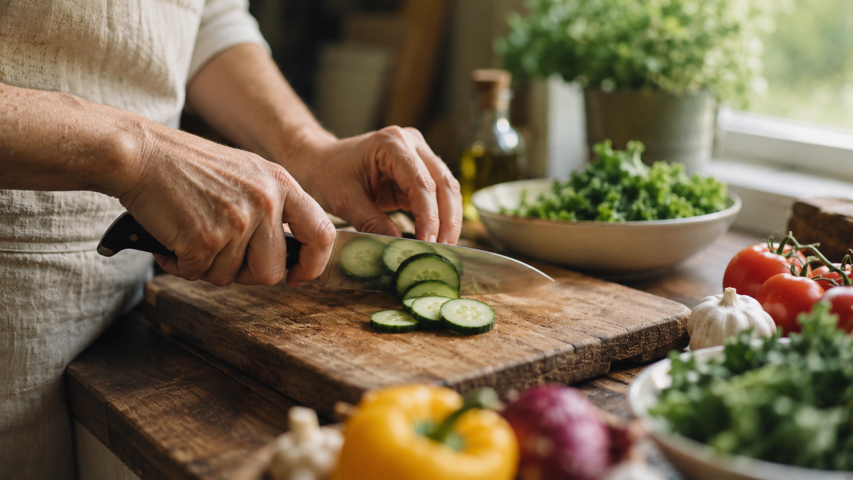 Close-up of a person’s hands slicing fresh vegetables on a worn wooden cutting board in a softly lit kitchen. Natural daylight, warm tones, and rustic textures create a calm and attentive domestic atmosphere.
