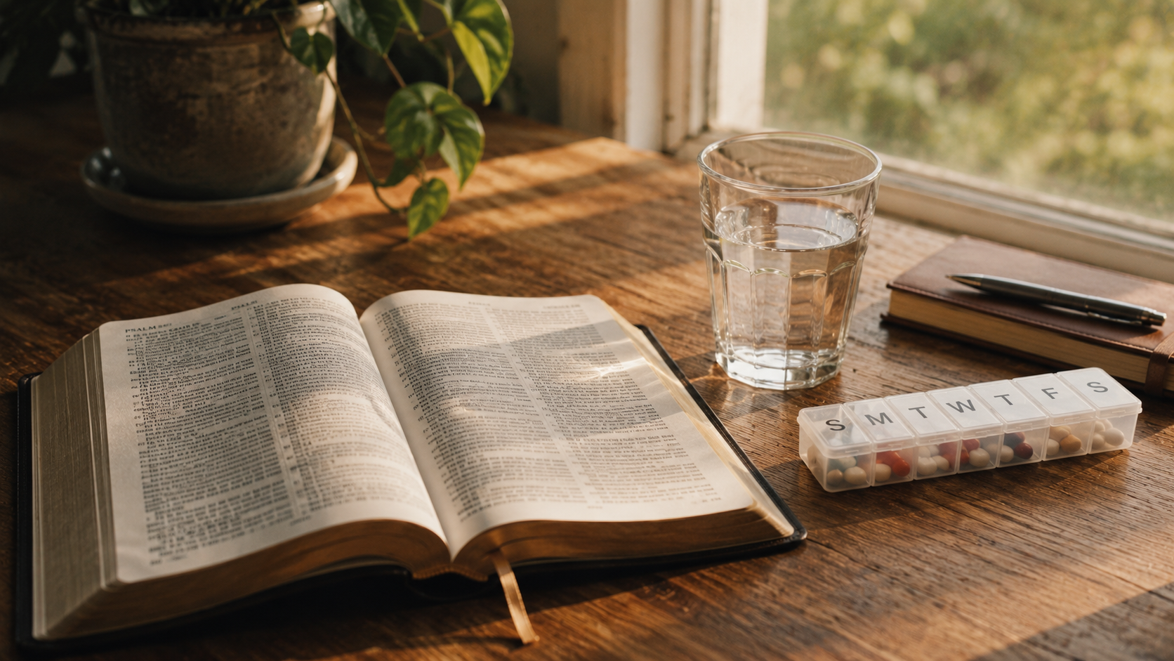 Open Bible on a wooden table beside a glass of water and a weekly pill organizer near a sunlit window. Warm natural light and soft film-grain texture create a calm and reflective morning atmosphere.
