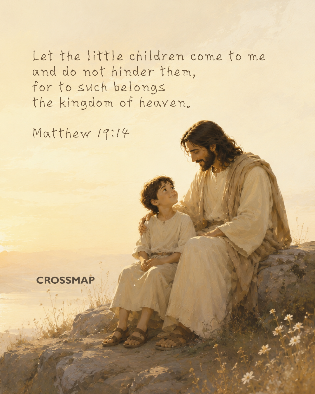 A warm, softly lit illustration of Jesus sitting beside a smiling young child on a rocky hillside during sunset. Jesus gently places His arm around the child as they look at each other with warmth and peace. The scene has golden tones, wildflowers in the foreground, and a calm sky in the background. At the top left, the Bible verse Matthew 19:14 is written: “Let the little children come to me and do not hinder them, for to such belongs the kingdom of heaven.”
