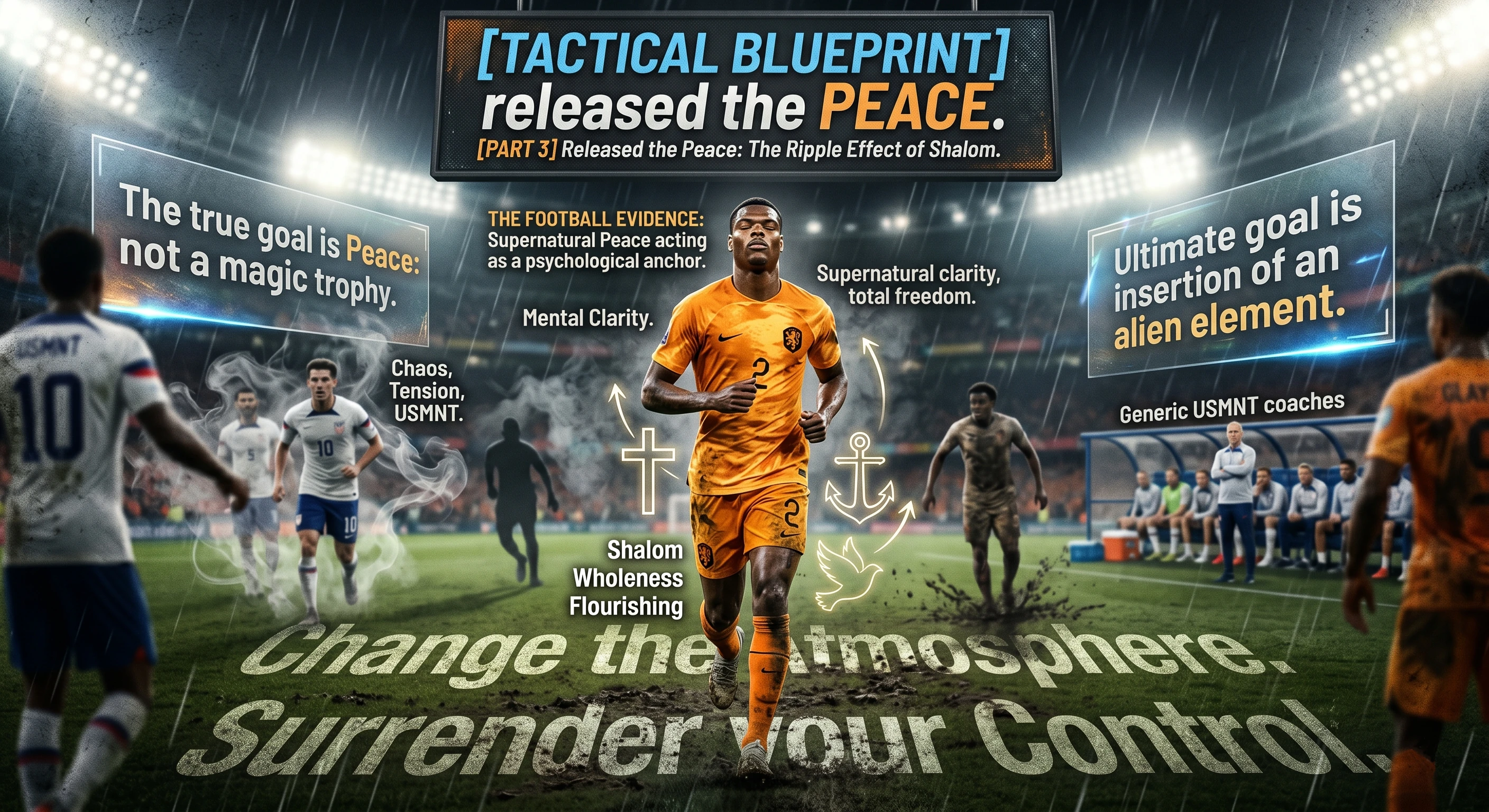 A detailed digital illustration on a rain-soaked football pitch at night. A central multi-cultural Dutch player, #2, caked in mud, runs with eyes closed, embodying 'absolute mental clarity.' Surrounding text panels in mud read: "[TACTICAL BLUEPRINT] released the PEACE." and "[PART 3] Released the Peace: The Ripple Effect of Shalom." Behind him, shadowy generic players representing chaos. Complex tactical diagrams connect floating icons: a cross, an anchor, and a dove, labeled "Shalom, Wholeness, Flourishing." The far scoreboard shows: "FT 3-1," "ROUND OF 16," "USA," "FT." and below in mud on pitch, clear graphic text: "Change the Atmosphere." and below "Surrender your Control.". A grimy, moody mixed-media style.