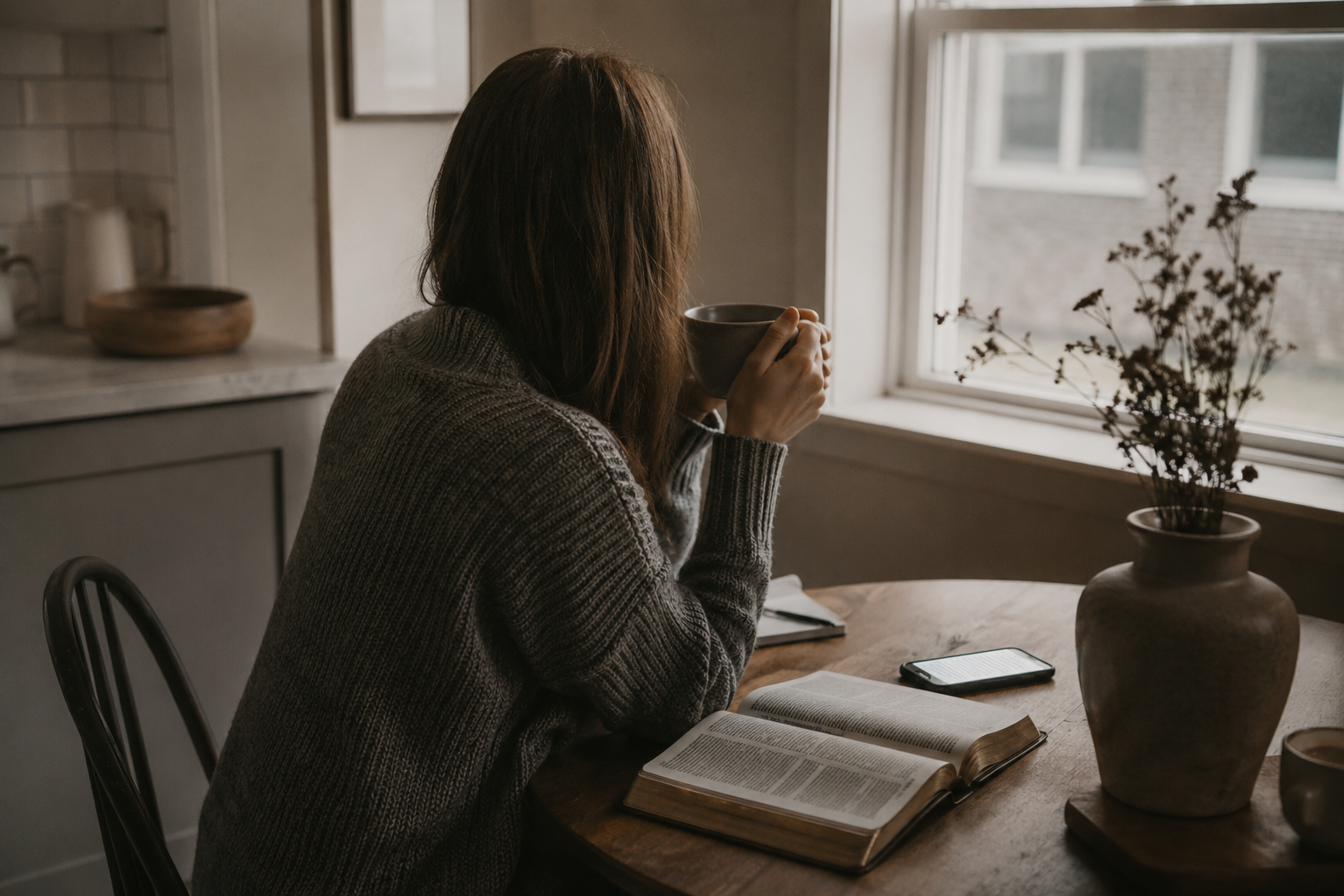 Person sitting at a kitchen table in morning light with an open Bible and phone