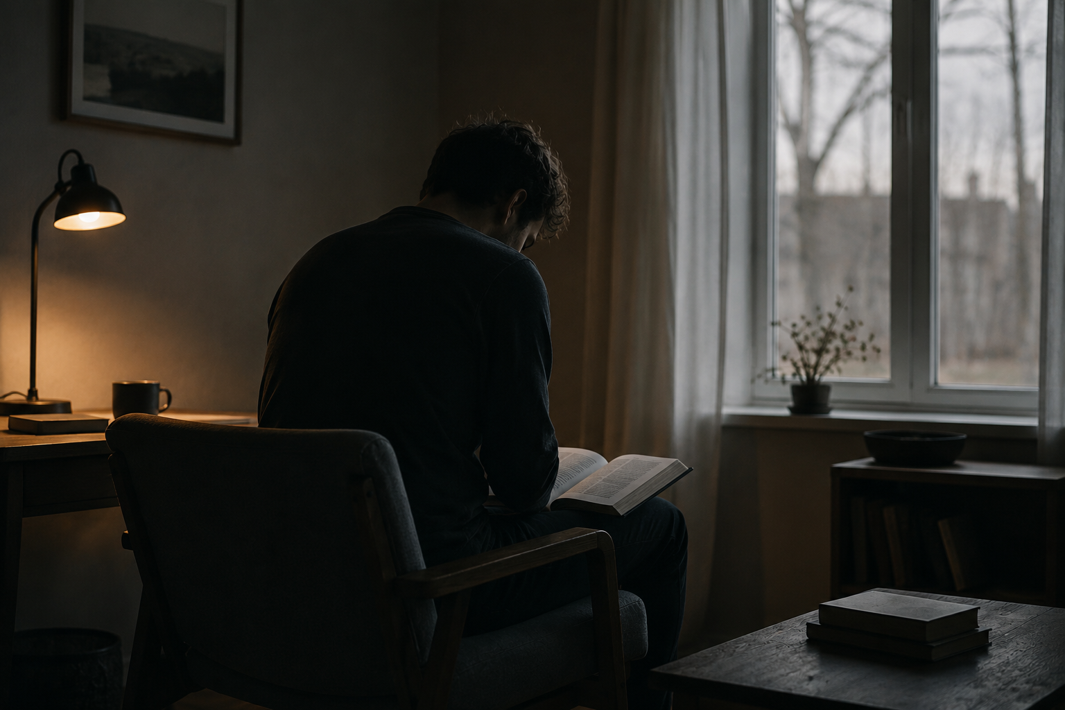 A man sitting in quiet stillness by lamplight, head bowed in contemplation