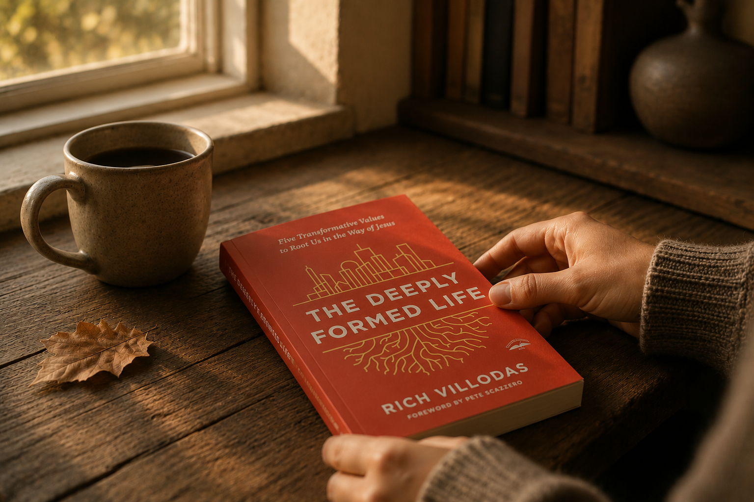 The Deeply Formed Life by Rich Villodas resting on a wooden table in warm morning light
