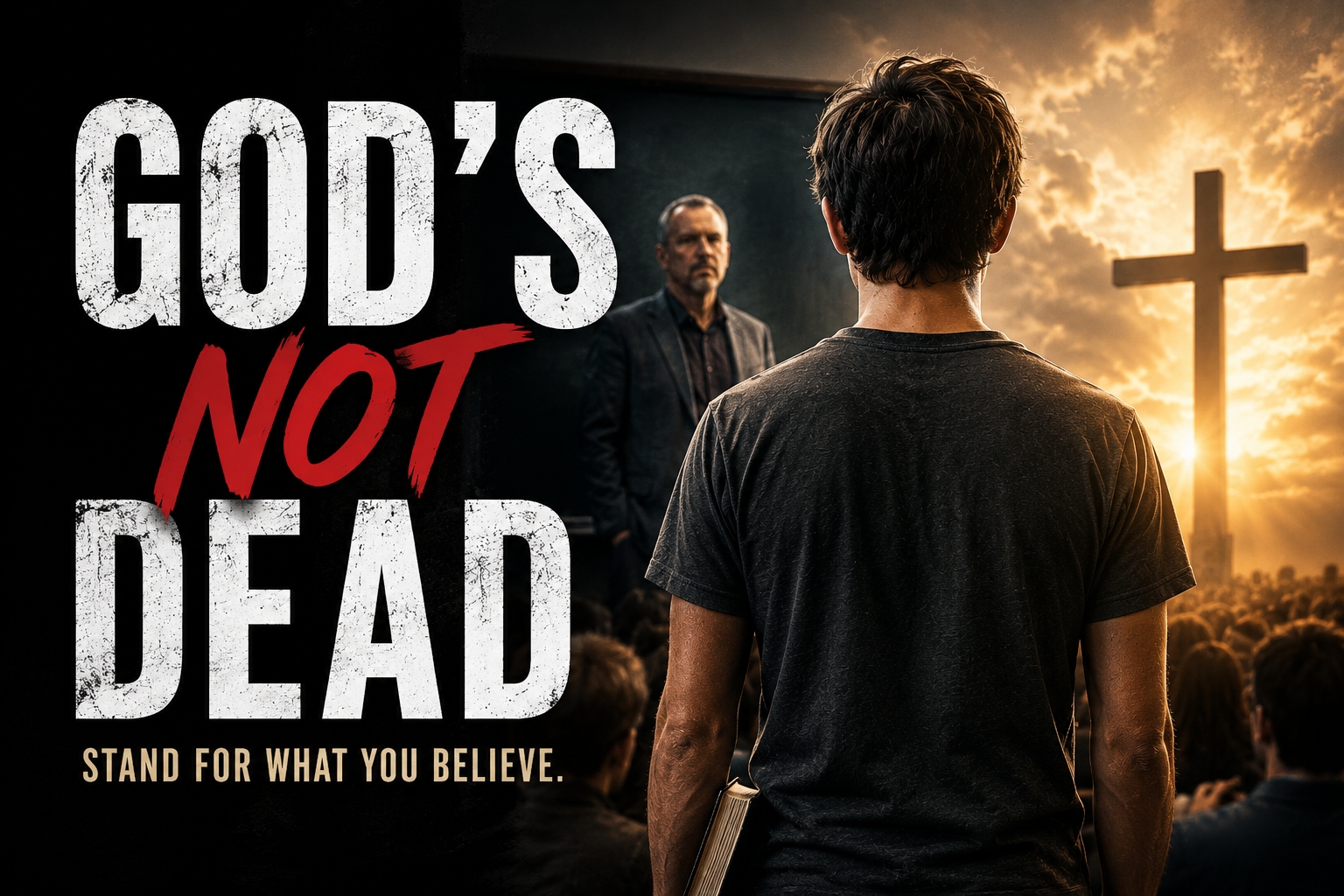 A cinematic thumbnail inspired by God’s Not Dead, featuring a young man standing confidently in a classroom while facing a professor, with a glowing cross in the background and bold text reading “GOD’S NOT DEAD.”