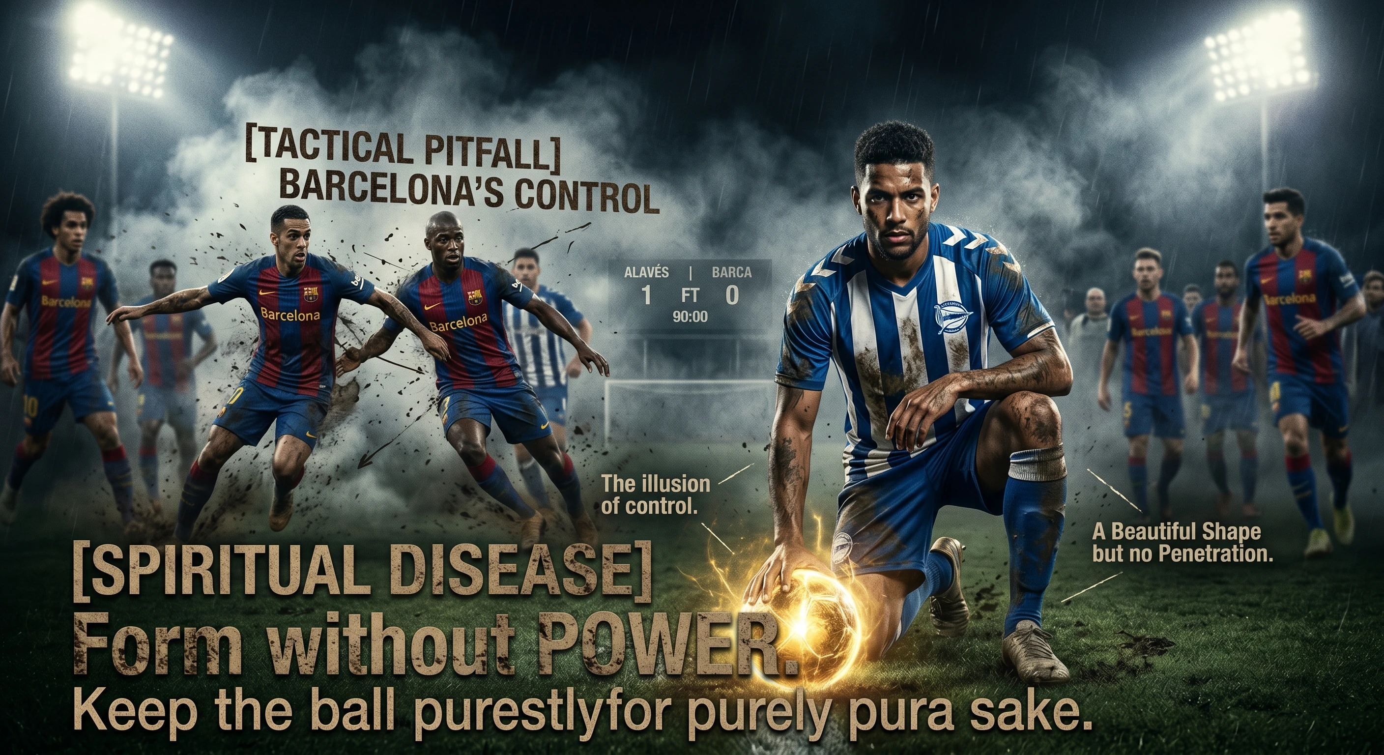 A dramatic digital illustration of an Alavés football player kneeling on a rainy pitch with his hand on a glowing football. In the smoky background, frustrated Barcelona players run through the mud. Gritty text overlays read "[Spiritual Disease] Form without POWER" and "[Tactical Pitfall] Barcelona's Control," illustrating the concept of sterile possession.