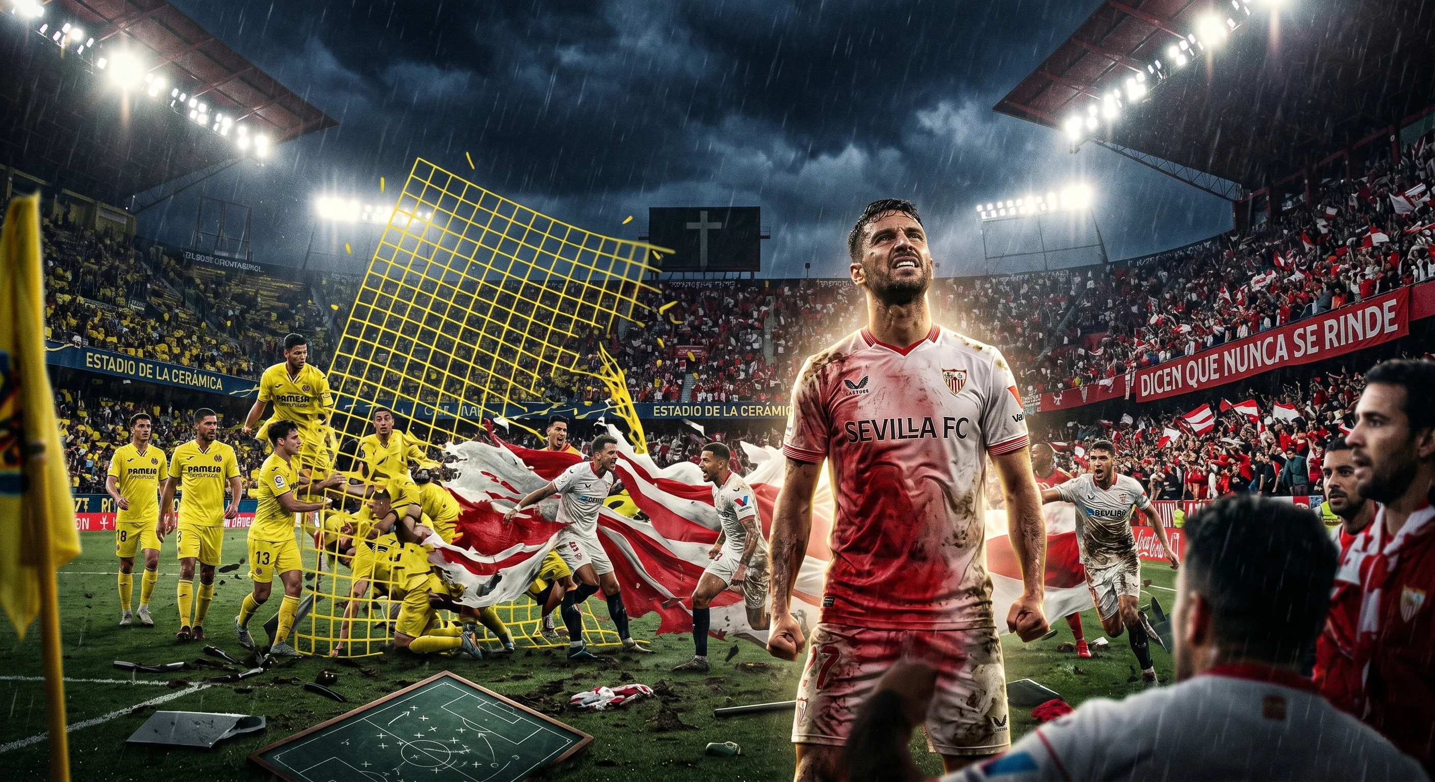 A dramatic, cinematic image depicting Sevilla FC’s heroic 3-2 comeback victory against Villarreal CF. The visual captures a triumphant Sevilla player amidst a broken yellow grid, dissolving Villarreal formations, and a massive ‘Dicen que nunca se rinde’ banner. Features intense football action, stormy night lighting, and a subtle integrated cross symbol, linking resilience in sports to spiritual perseverance.