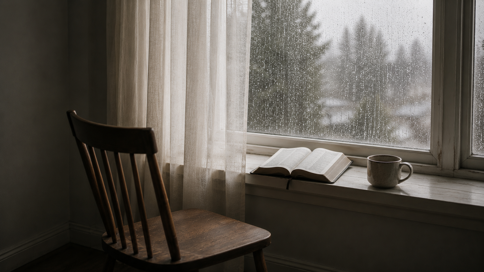 Empty wooden chair beside a rain-streaked window with an open Bible, representing spiritual longing and quiet seeking