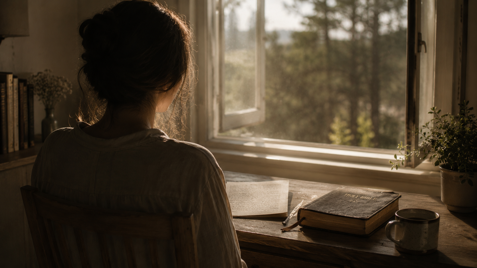 A figure from behind at a simple desk in afternoon light, symbolizing the turning point of spiritual surrender