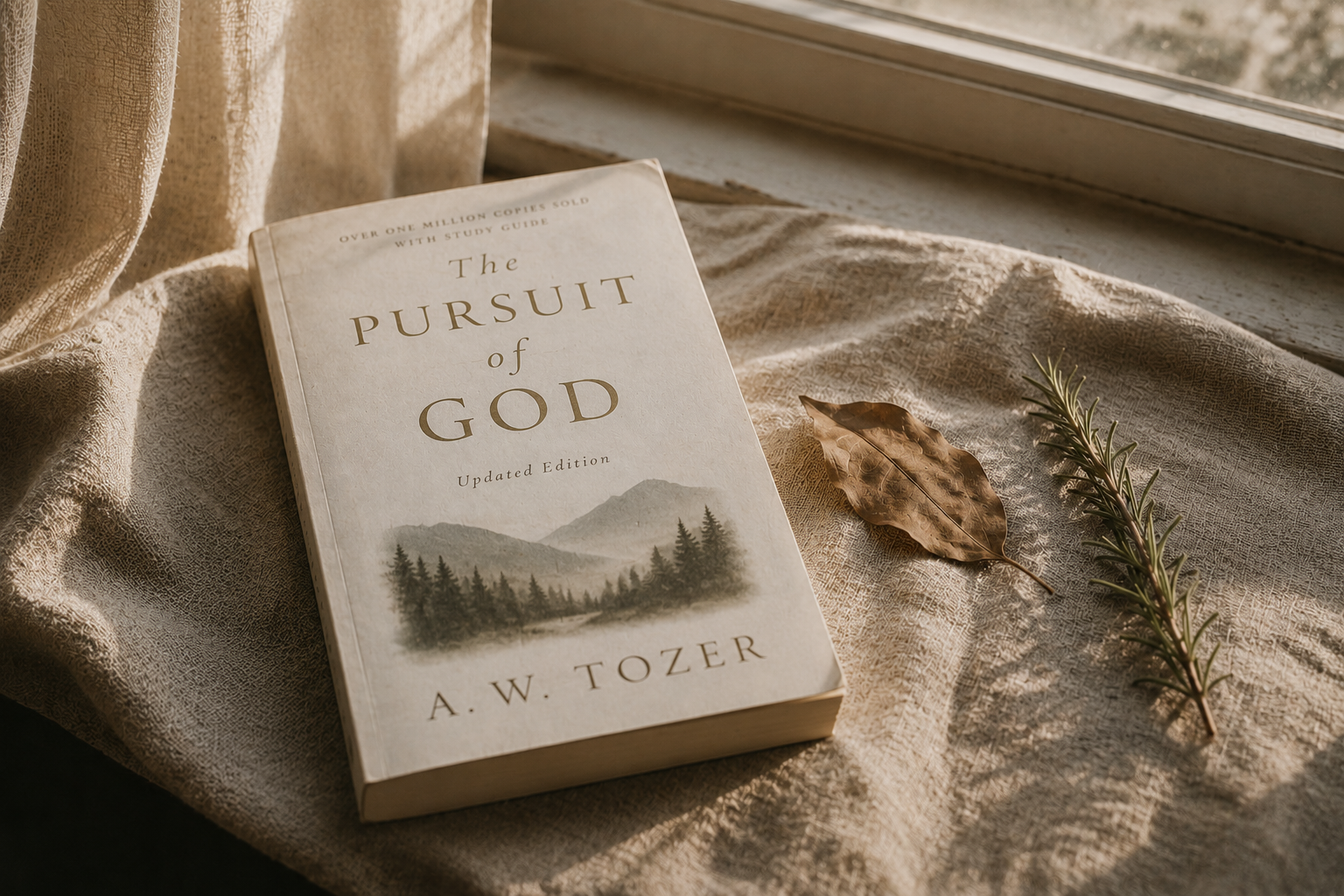  A worn copy of The Pursuit of God resting on linen cloth in soft morning light