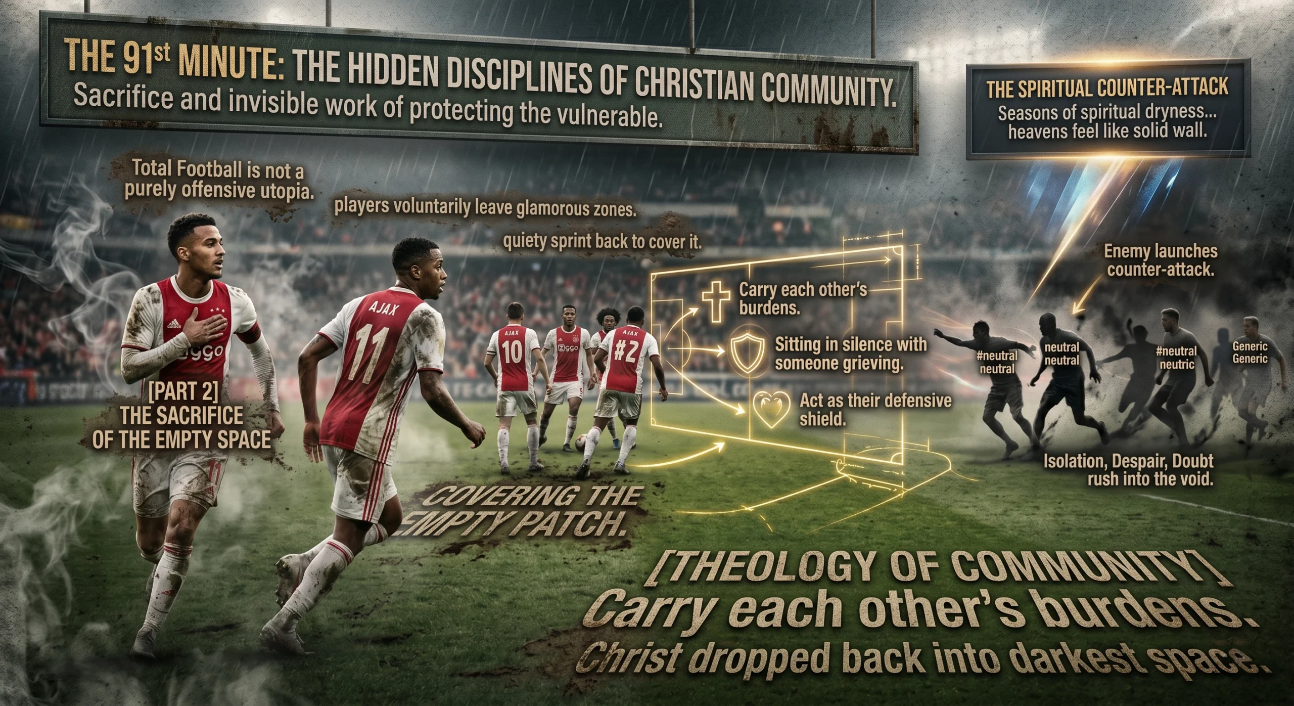 A digital illustration on a rainy football pitch showing Ajax players sprinting back to defend a glowing tactical zone. Shadowy opposing players charge forward, representing a "Spiritual Counter-Attack" labeled with terms like "Isolation" and "Despair." Text overlays include "The Sacrifice of the Empty Space," "Carry each other's burdens," and "The 91st Minute."