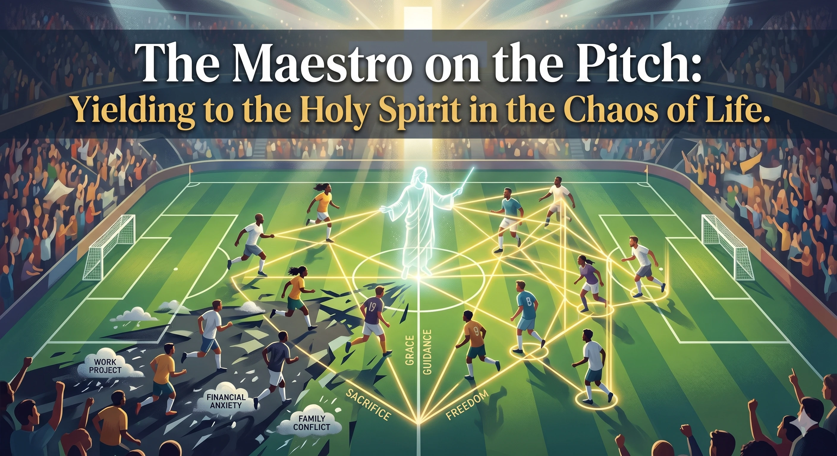 Conceptual illustration for 'The Maestro on the Pitch,' showing a glowing spiritual figure guiding players with lines of light in a full soccer stadium, contrasting orderly play on 'Grace Guidance' lines with chaotic players over 'chaos' clouds labeled 'Work Project', 'Financial Anxiety', and 'Family Conflict.'