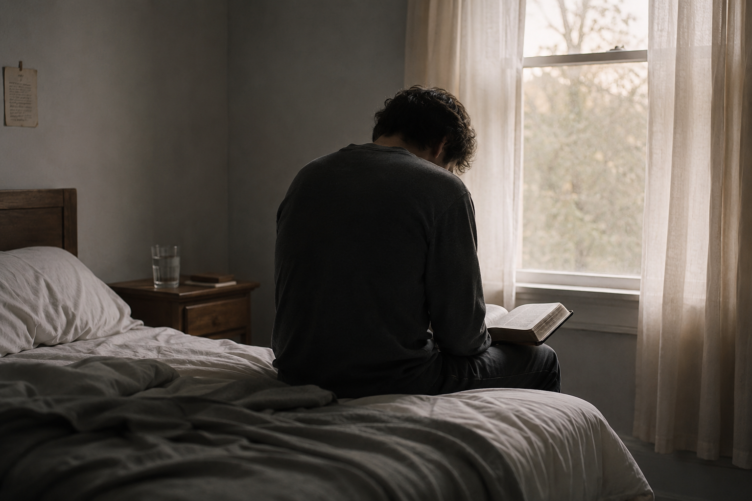 A person sitting alone in early morning light with a book, representing spiritual restlessness